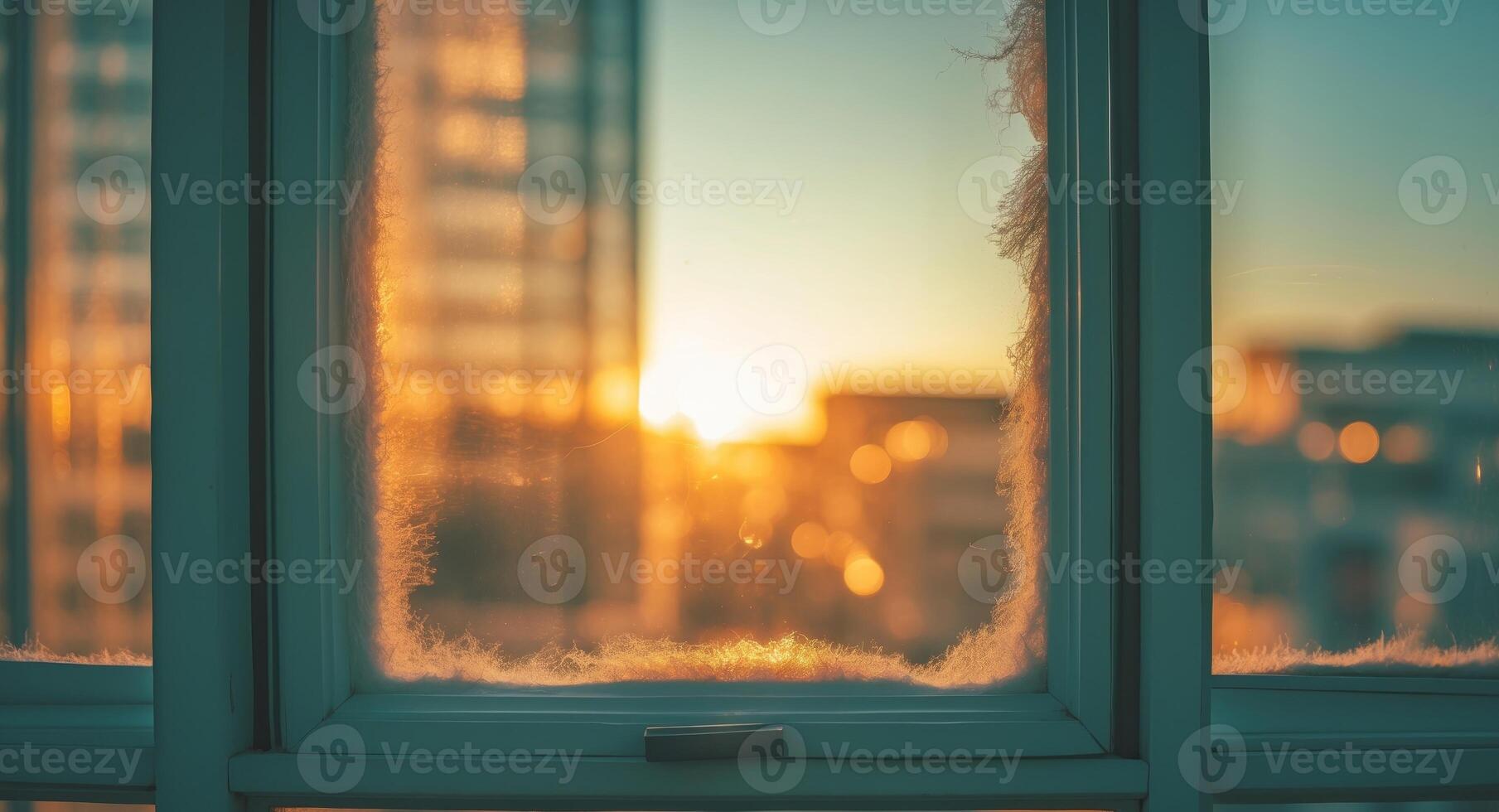 A window with snow on it and the sun setting photo