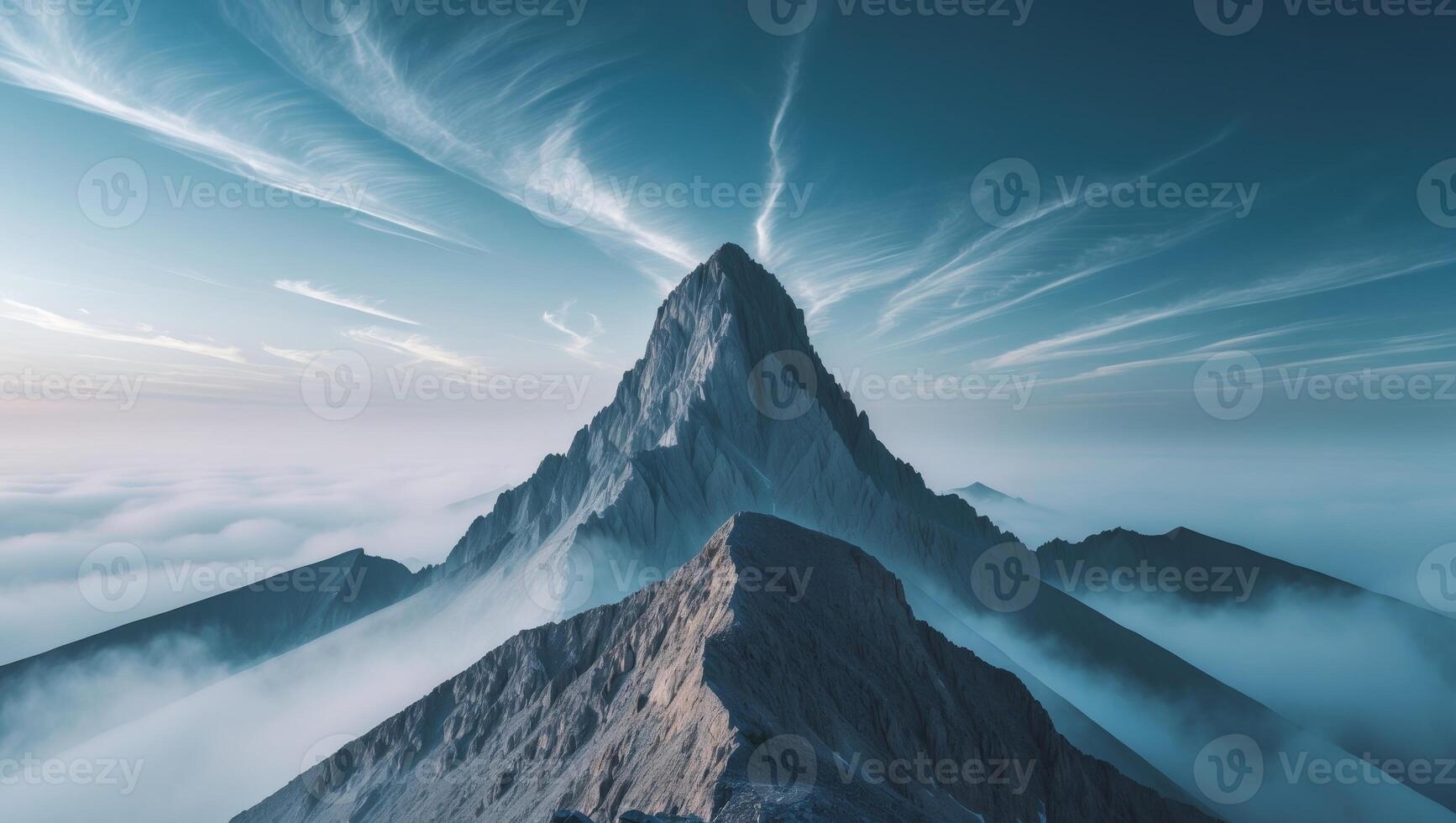 A mountain is seen in the clouds with clouds above it photo