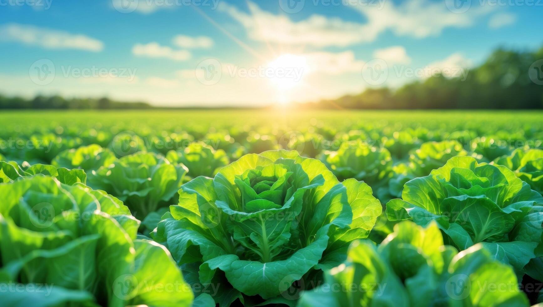 A field of lettuce with the sun shining in the background photo