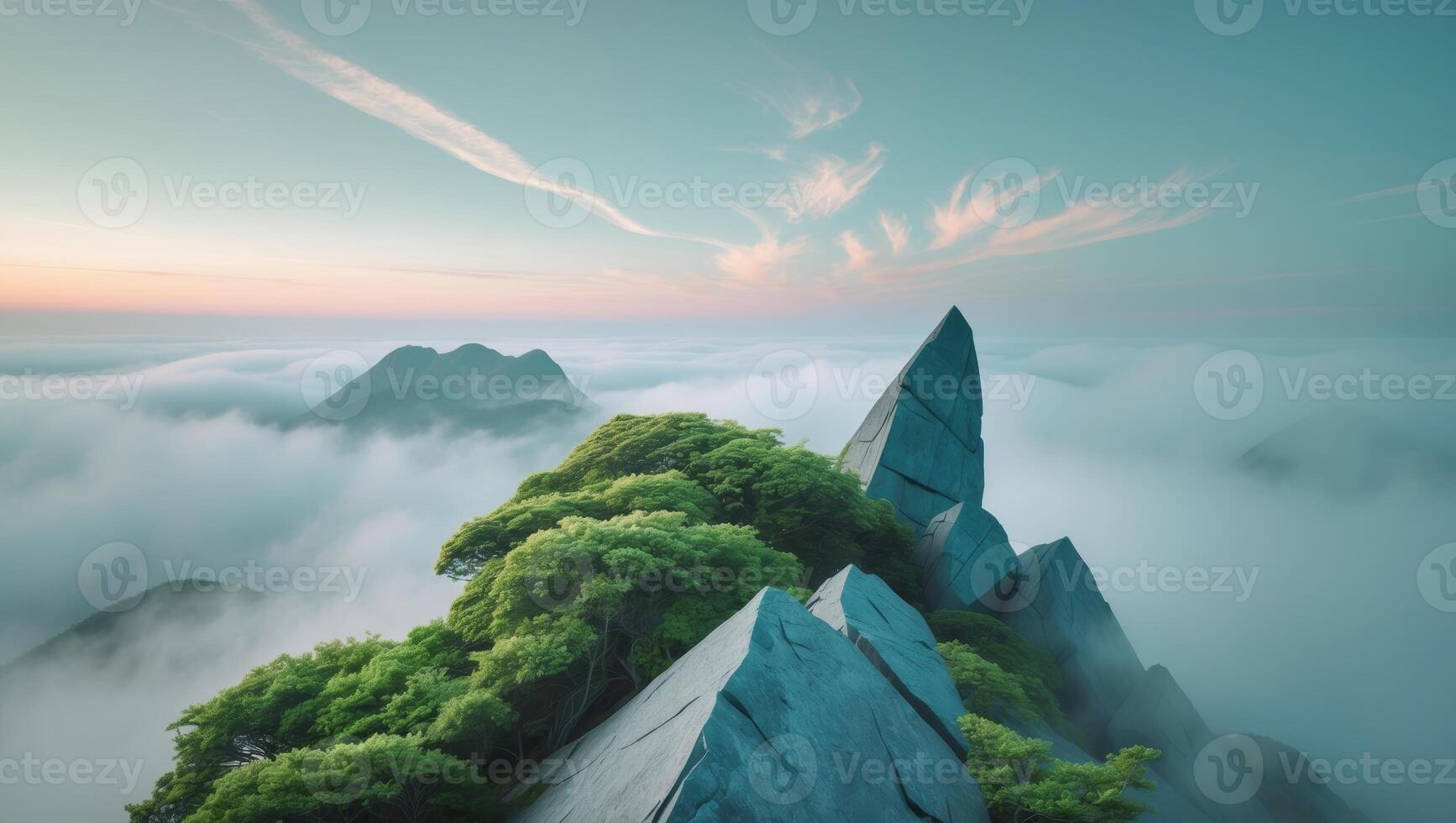 A mountain with trees and clouds above it photo
