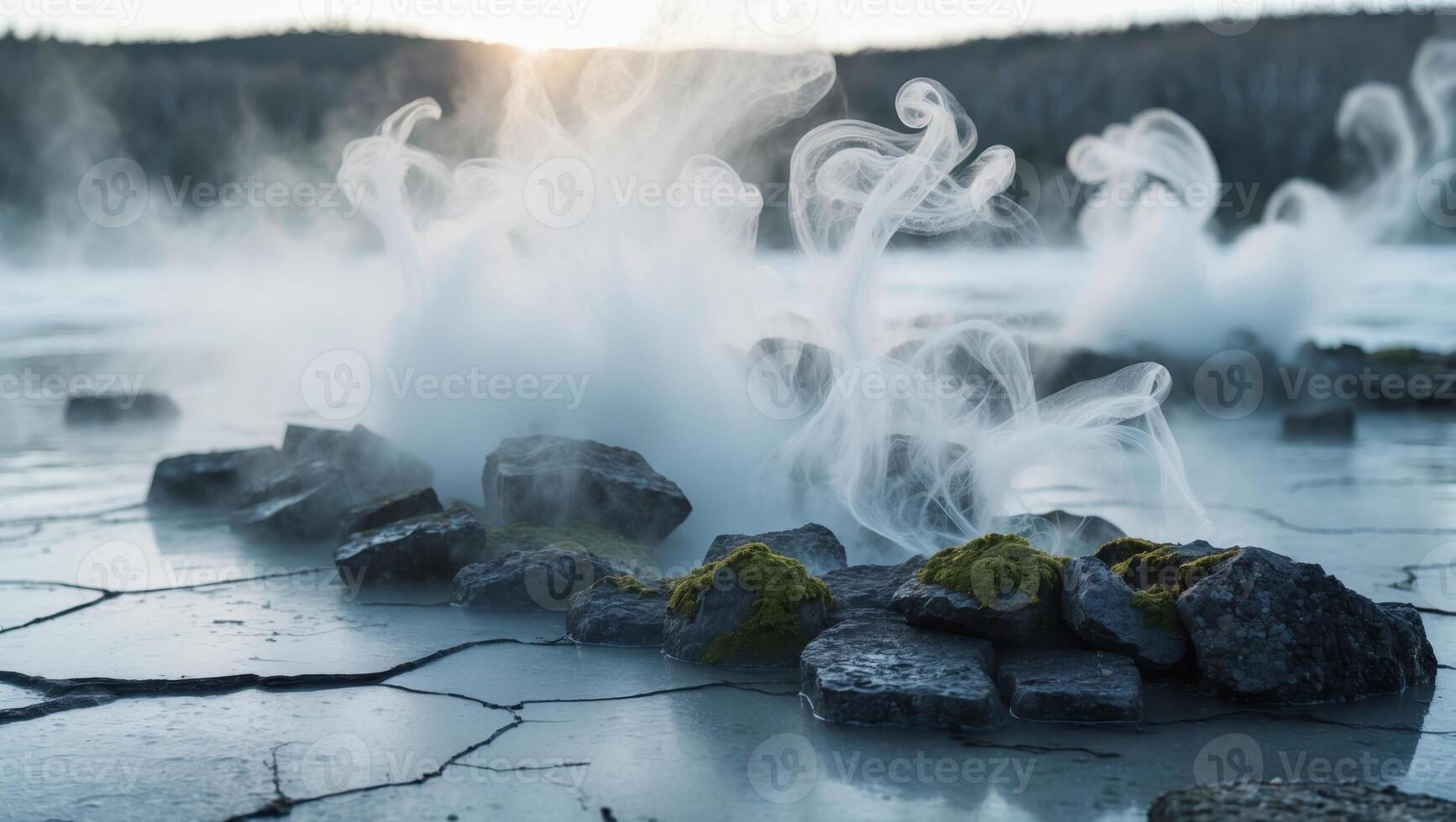 Steam rises from the ground near a geyser photo