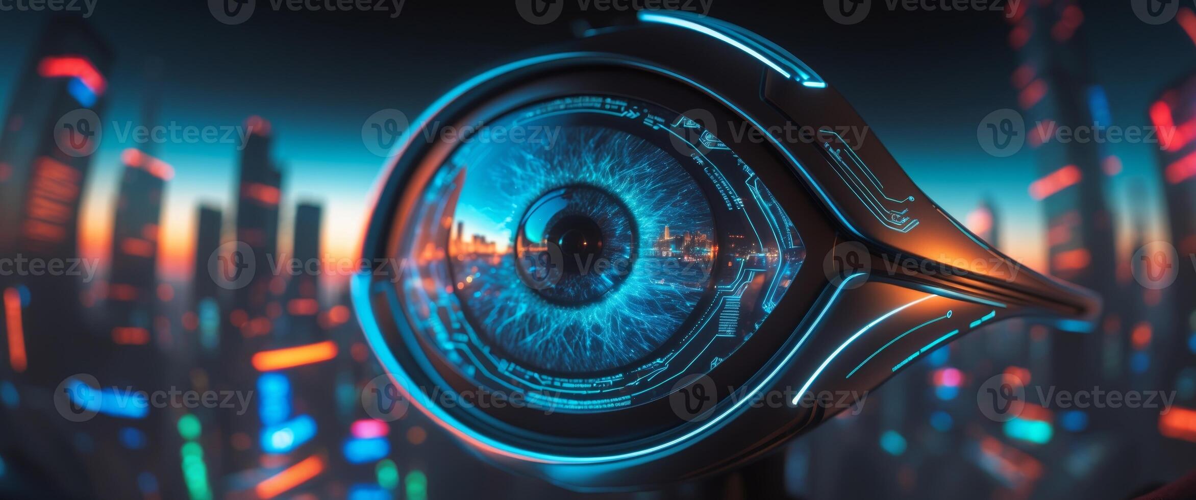 A futuristic eye looking at the city lights photo