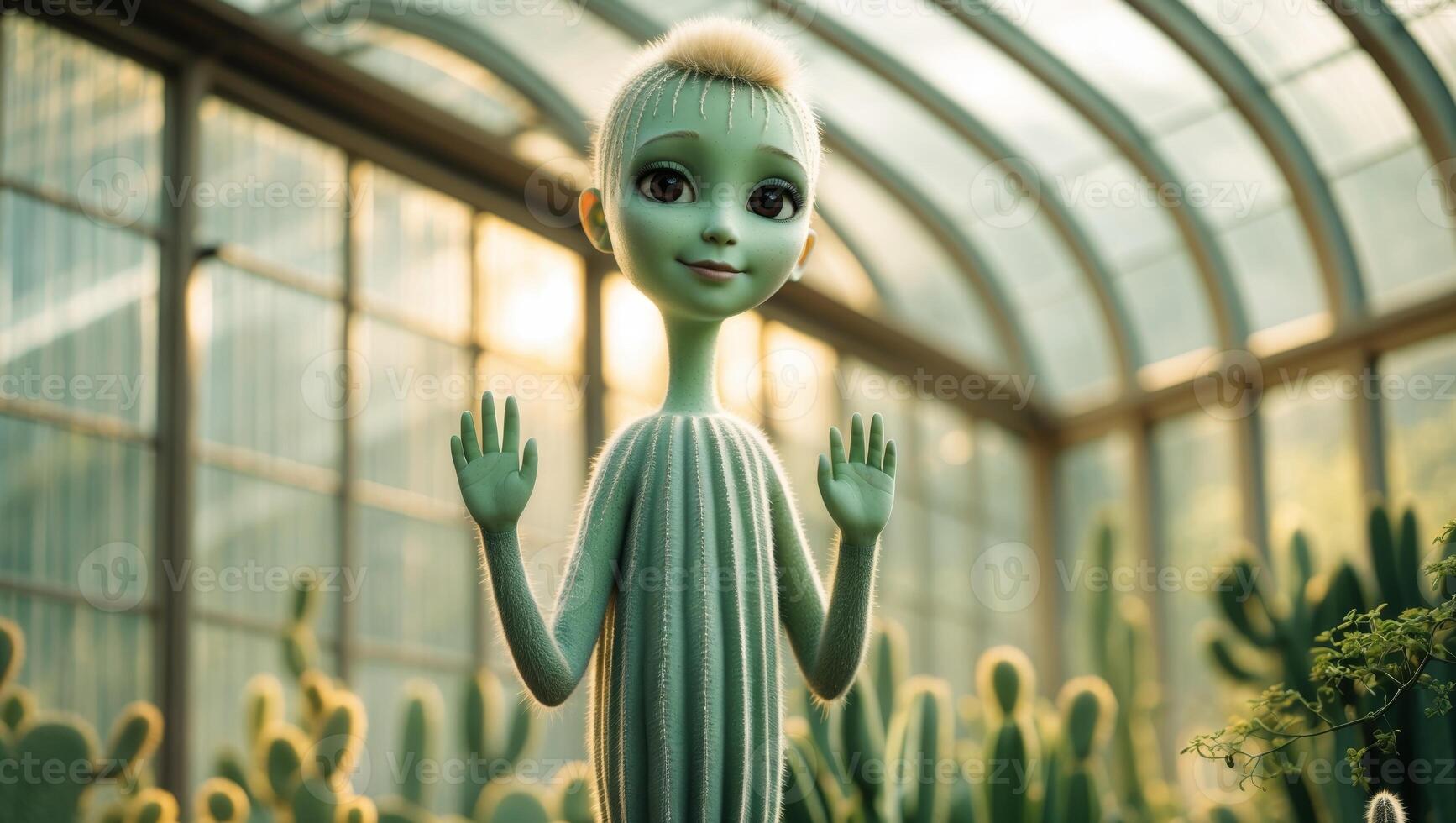 A green alien standing in front of cactus plants photo