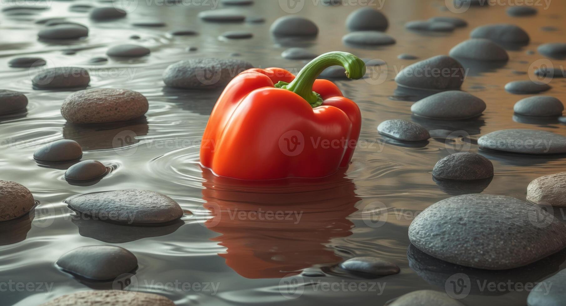 A red pepper floating in water with rocks photo