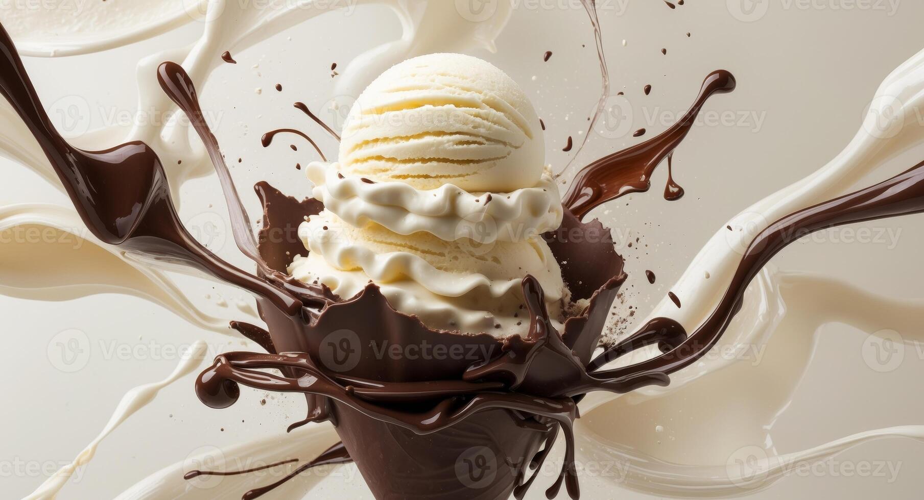 Ice cream splashing in a waffle cone photo