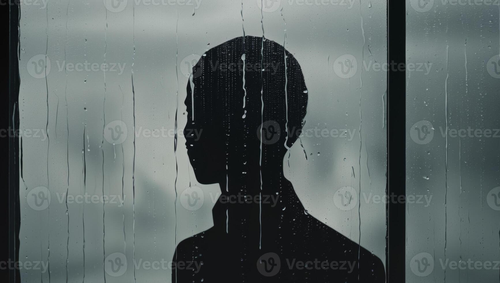 A silhouette of a man standing in front of a window with rain drops on it photo