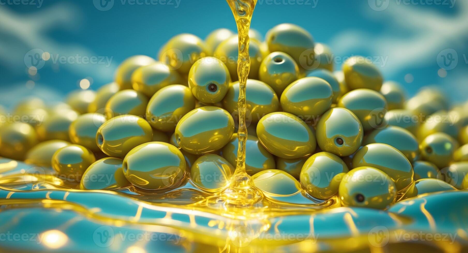 Olive oil pouring from a bottle into a bowl of green olives photo