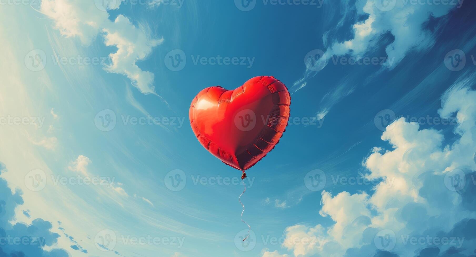 A red heart shaped balloon floating in the sky photo