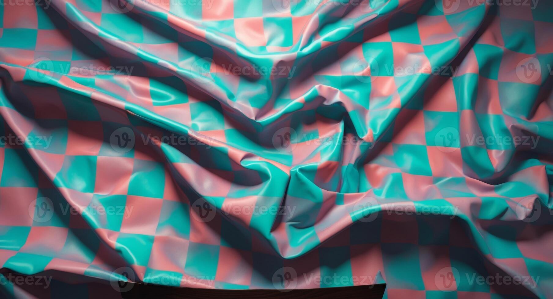 Abstract Checkered Fabric with Draped Folds and Shadows, Teal and Peach Tones photo