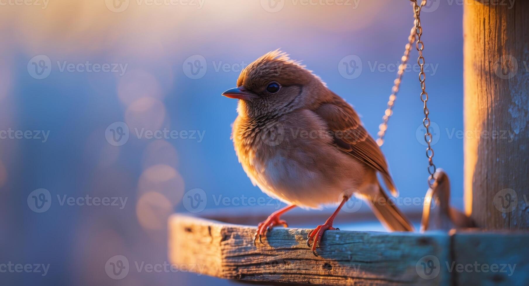 A small bird is sitting on a wooden bird feeder photo