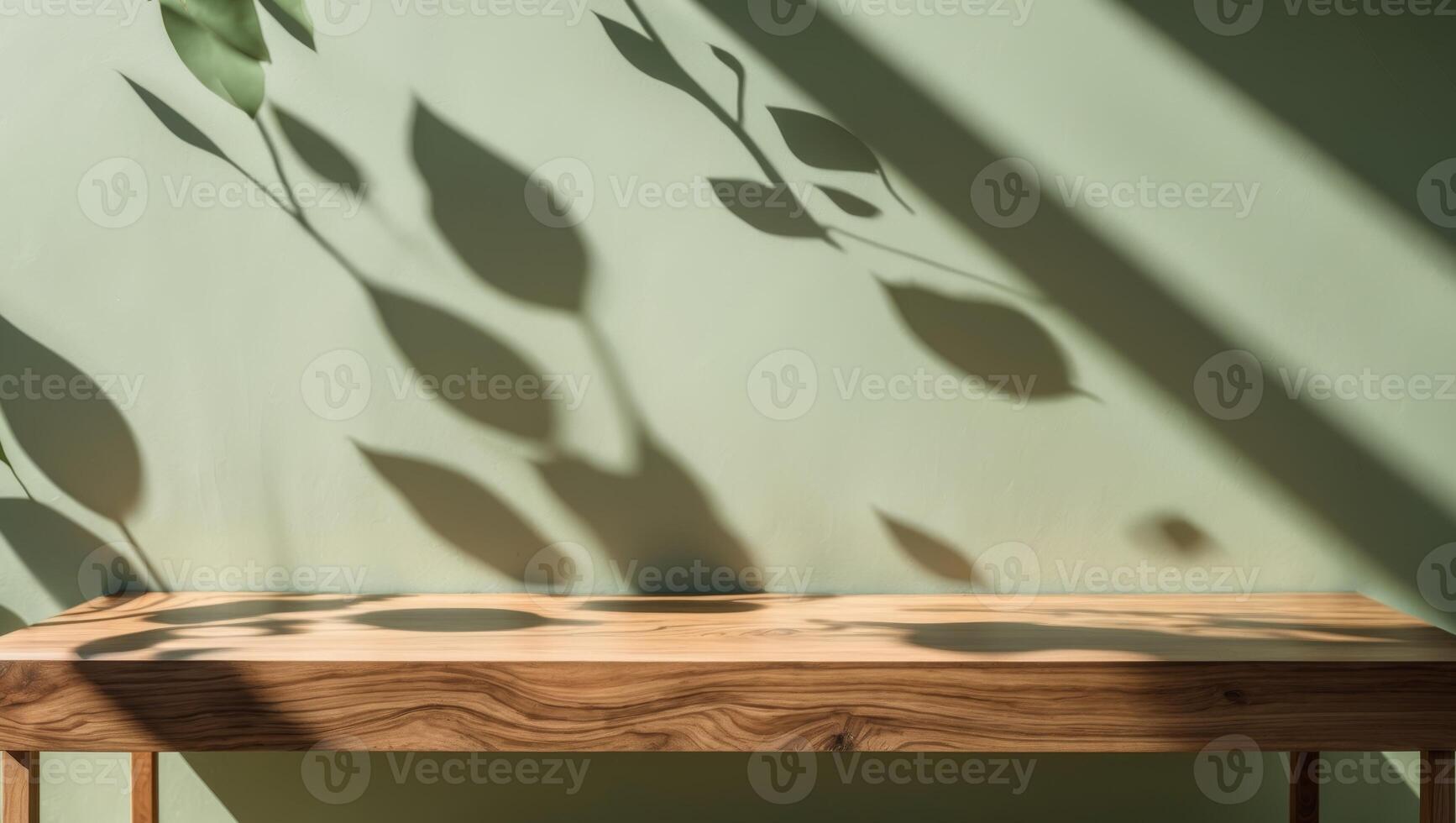 A wooden table with leaves on it photo
