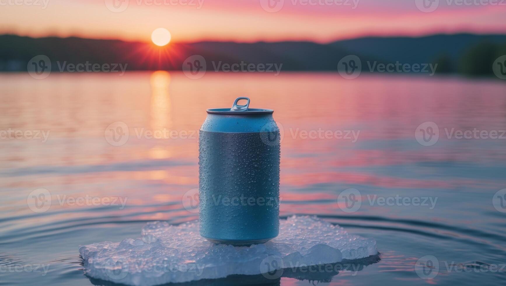 Chilled Can on Ice at Sunset. Refreshment and Tranquility in One Stunning Image photo