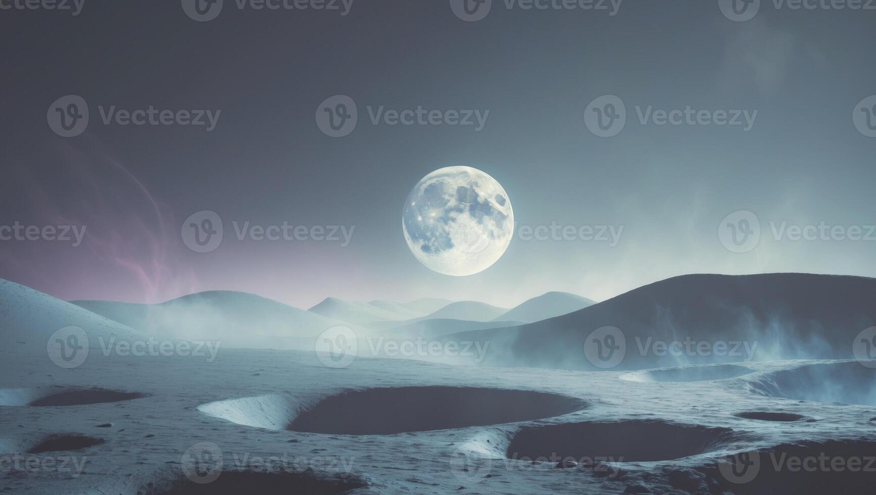 Lunar Landscape With Full Moon and Nebulous Sky, A Tranquil Extraterrestrial Scene photo