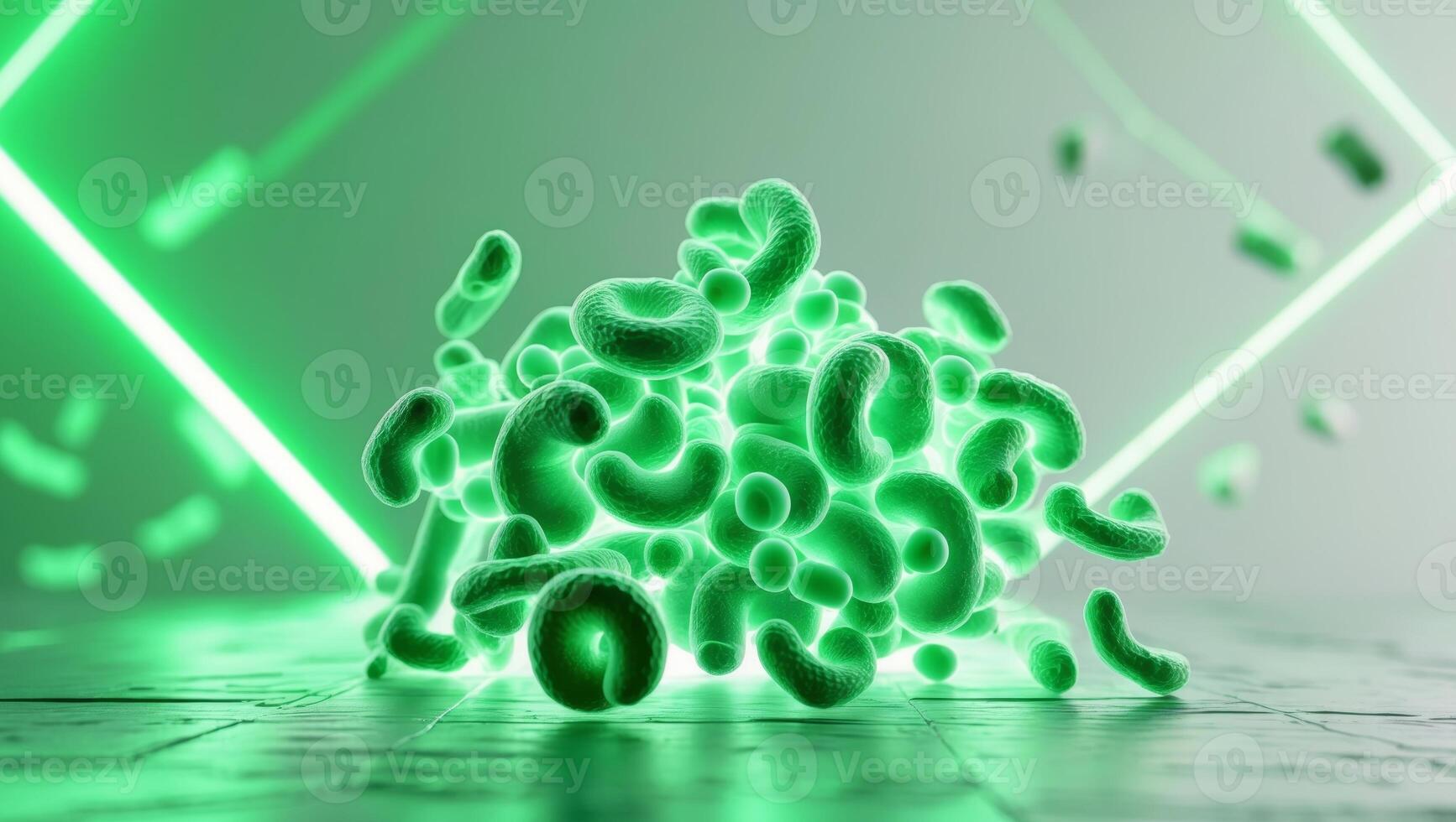A green light is shining on a bunch of green bacteria photo