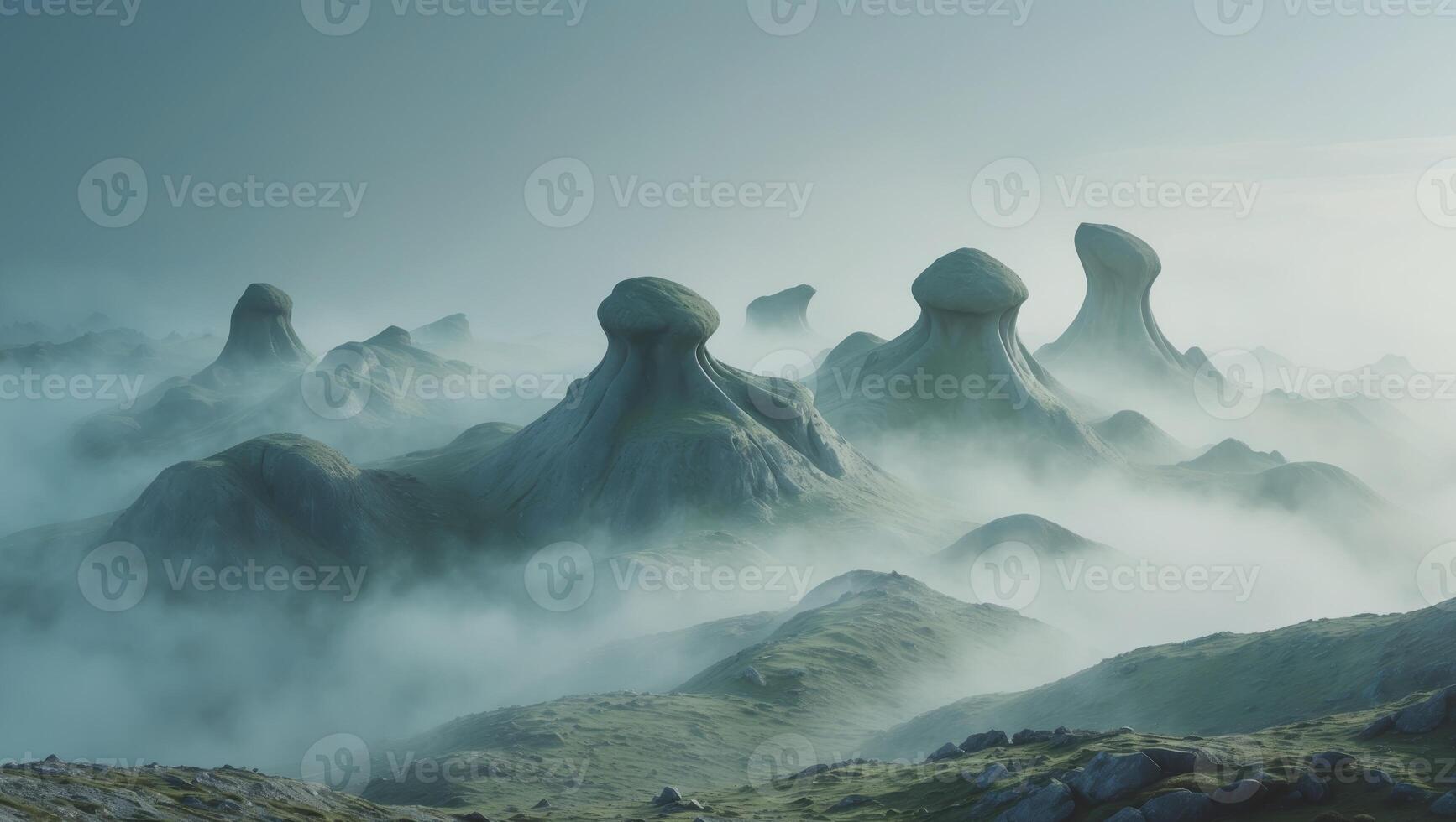 A group of rocks in the fog with clouds above photo