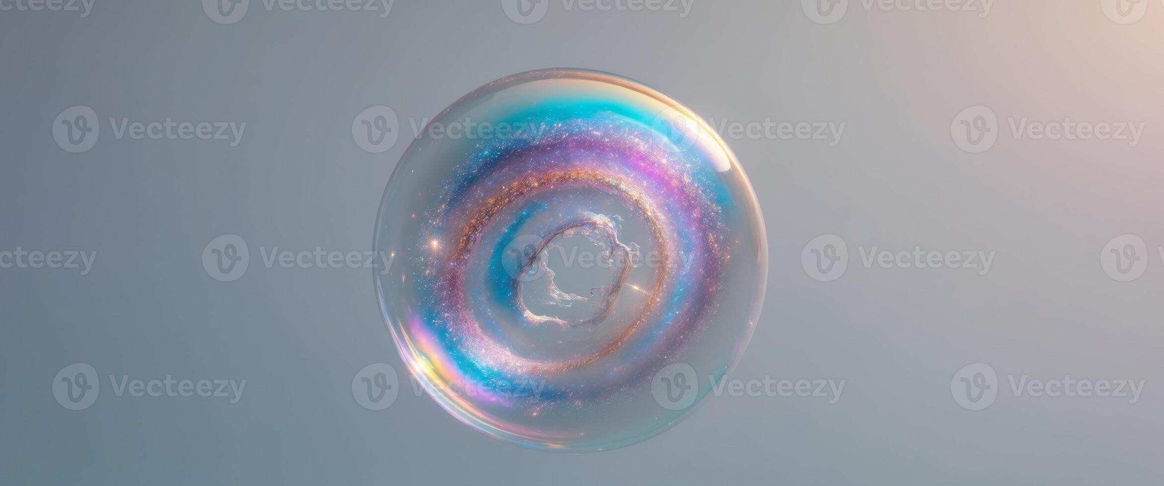 Bubbles floating in a blue sky with a rainbow swirl photo