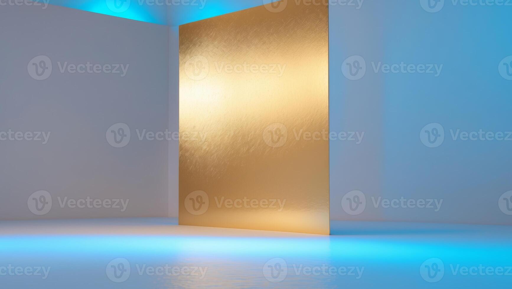 Golden door with blue light in a white room photo
