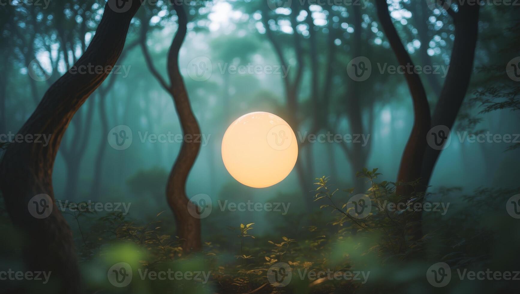 A light ball is floating in the middle of a forest photo