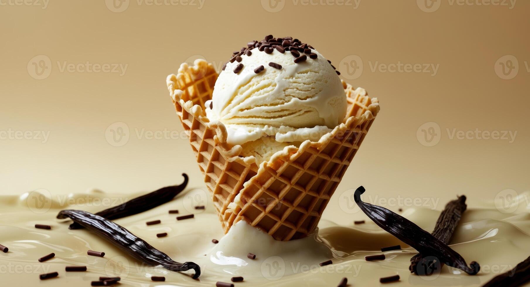 Vanilla Ice Cream Cone with Chocolate Sprinkles and Vanilla Bean Pods on a Beige Background photo