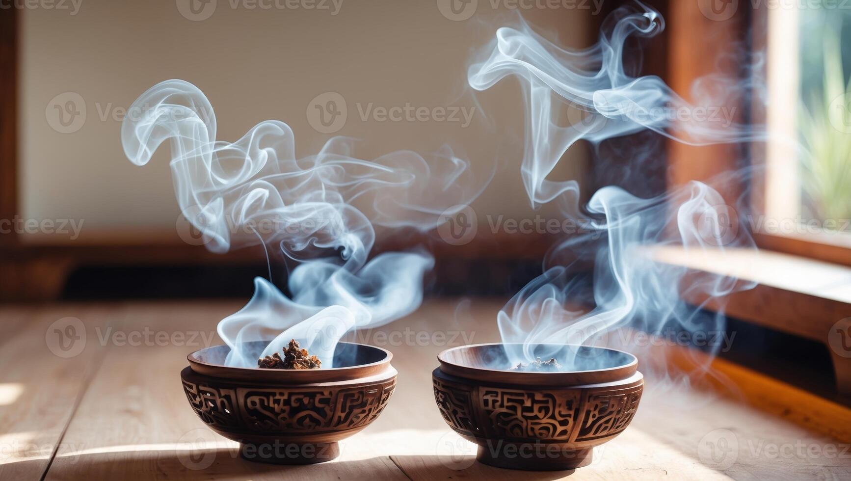 Two bowls with smoke coming out of them photo