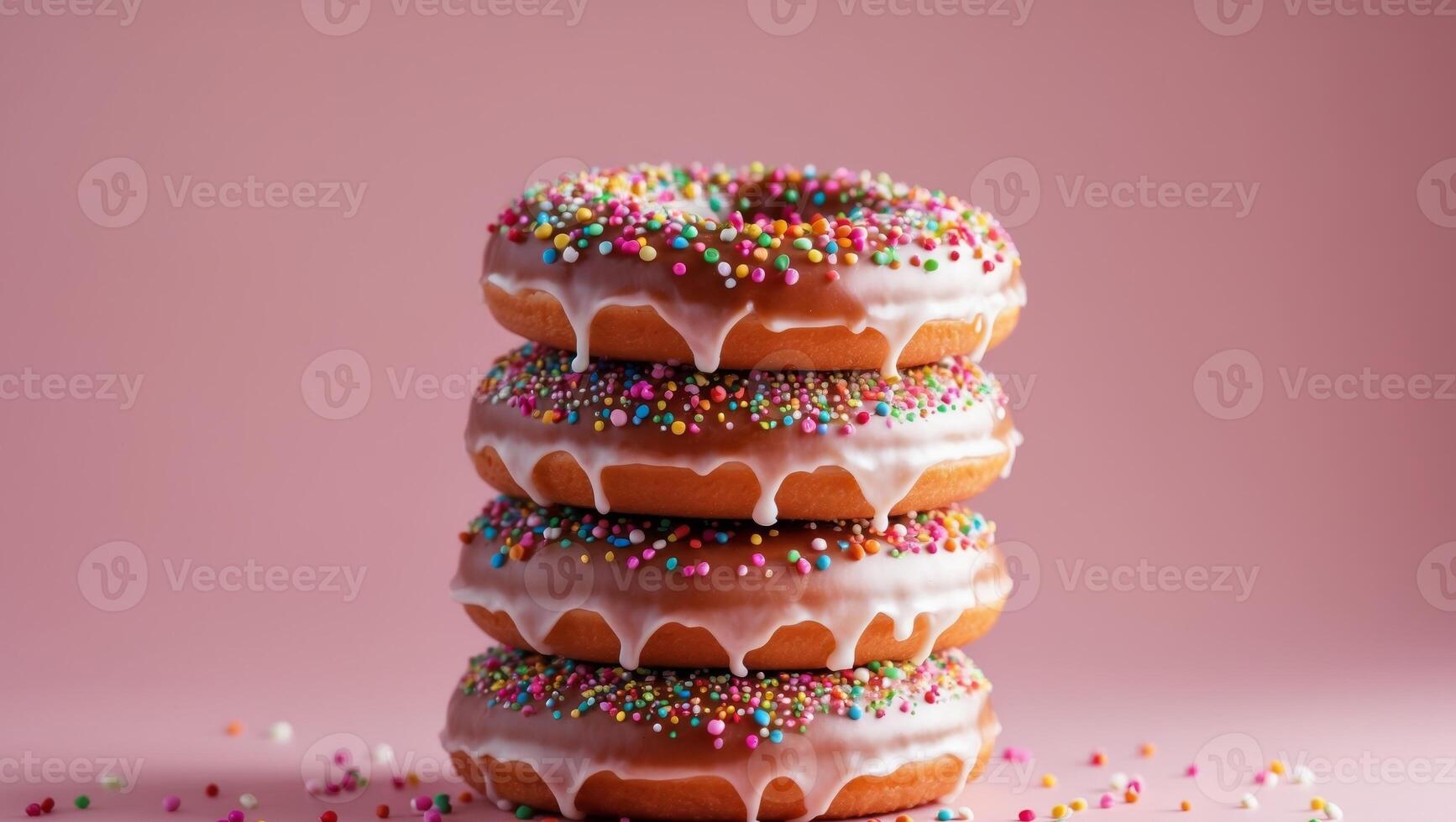 A stack of donuts with sprinkles on a pink background photo