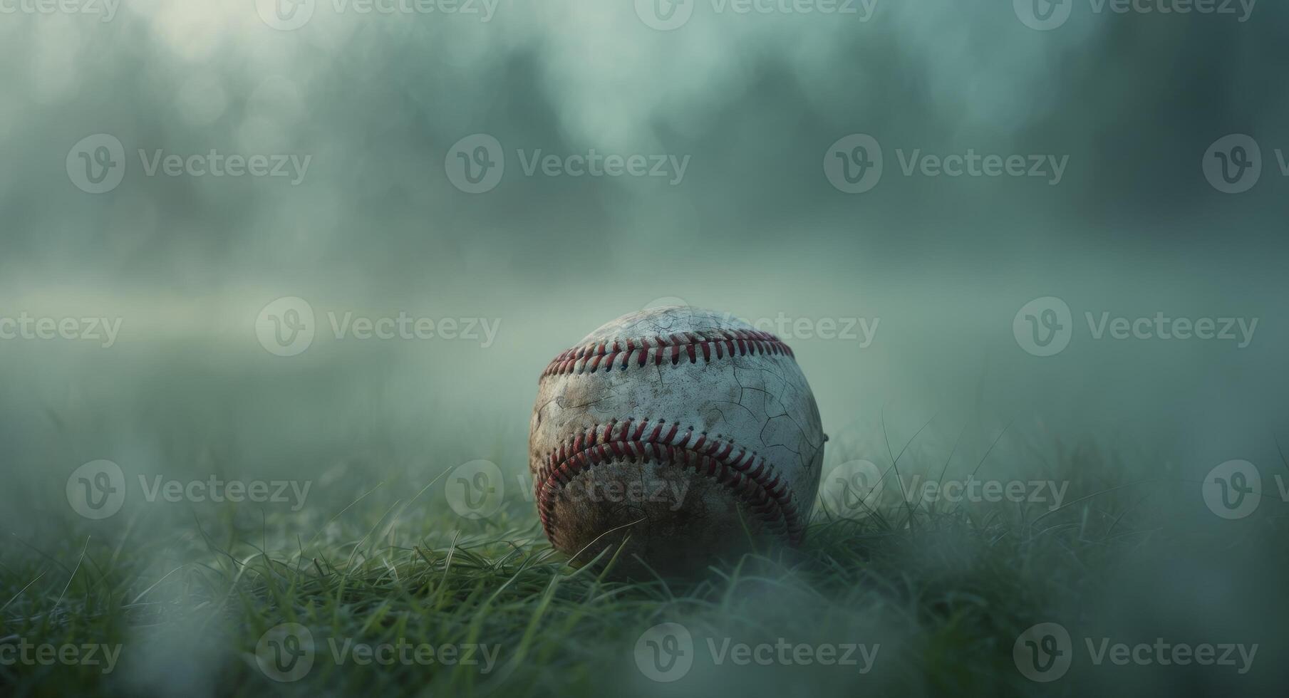A baseball is sitting on the grass in a foggy field photo