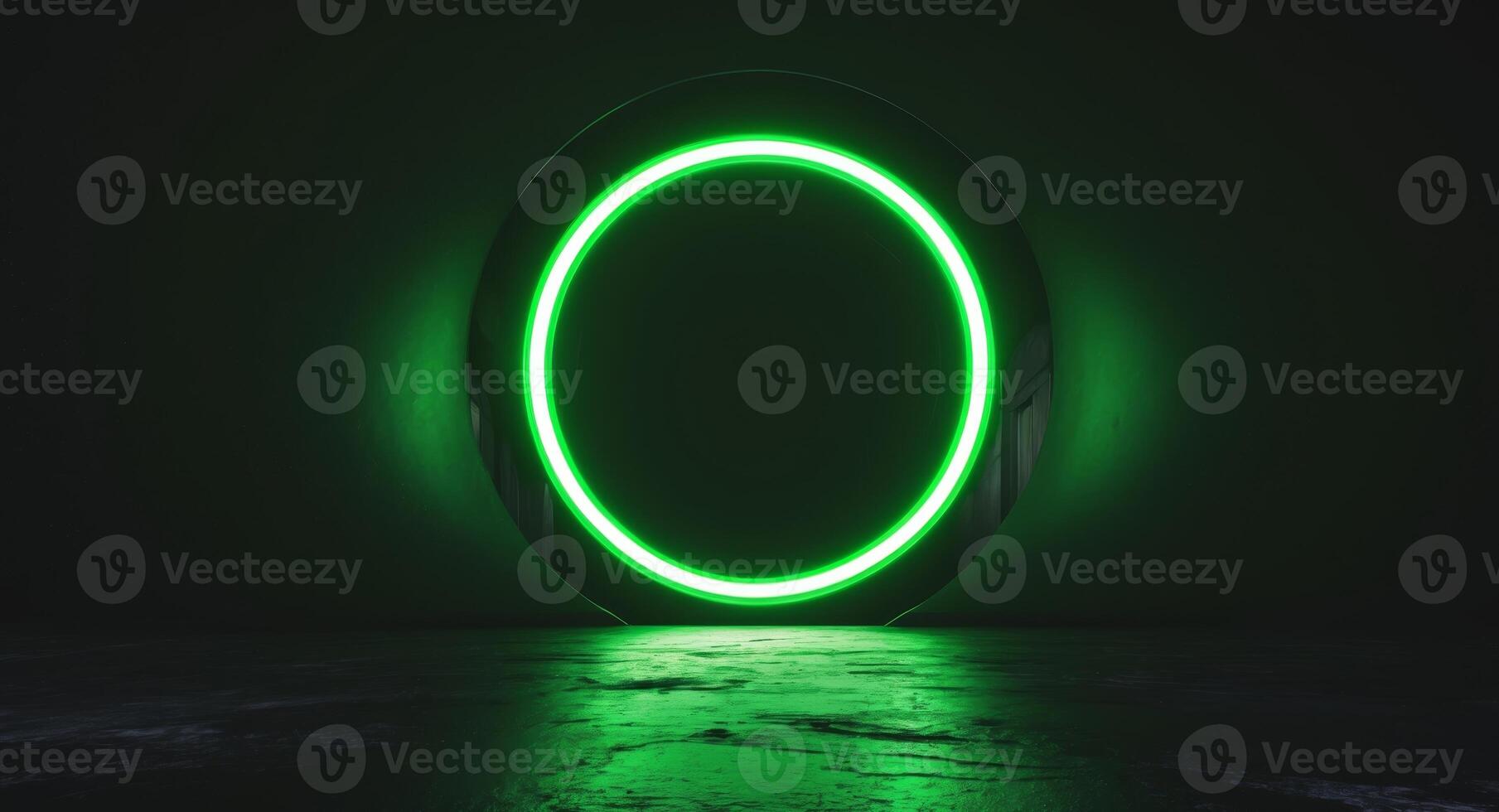 A green glowing circle in a dark room photo