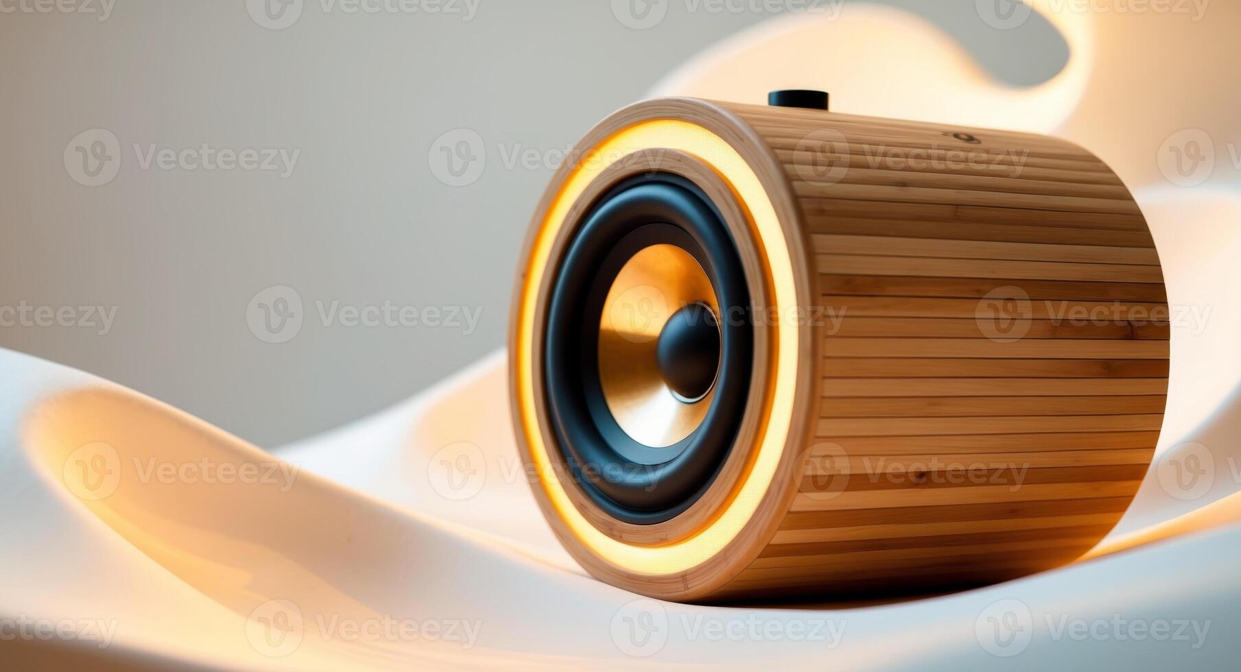 A wooden speaker with a glowing light photo