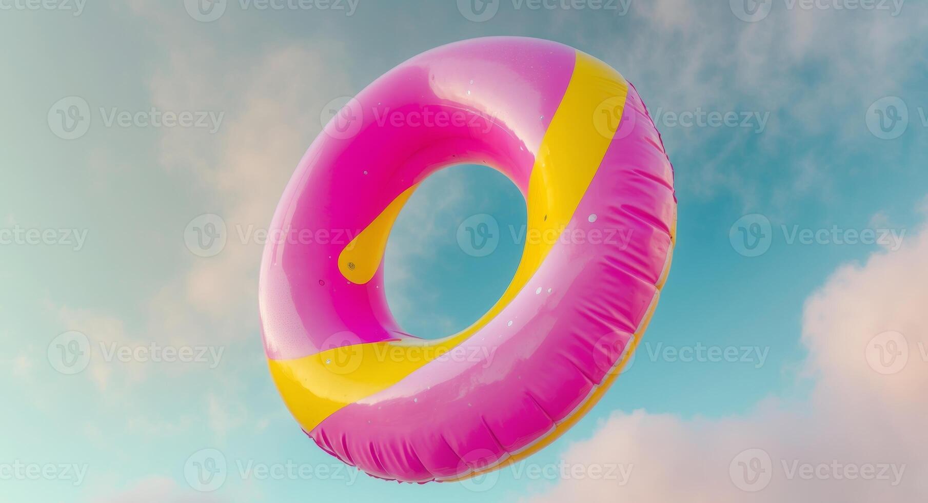 A pink and yellow inflatable ring floating in the air photo