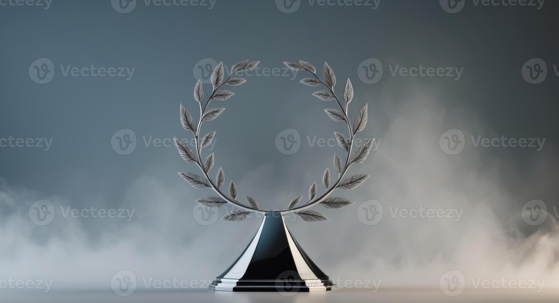 Silver Laurel Wreath Trophy on a Black Stand with Ethereal Fog Background, Award Concept photo