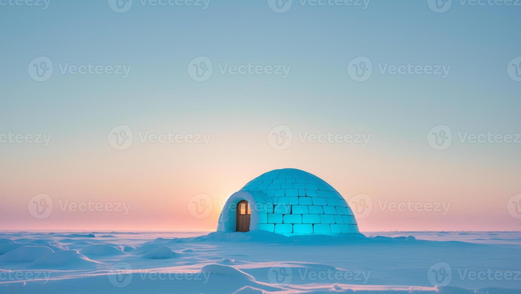 An igloo sits in the middle of a snowy field photo