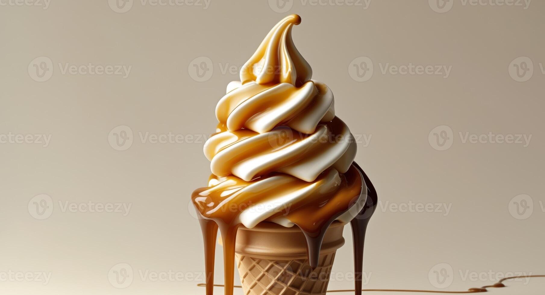 An ice cream cone with caramel drips and a swirl photo