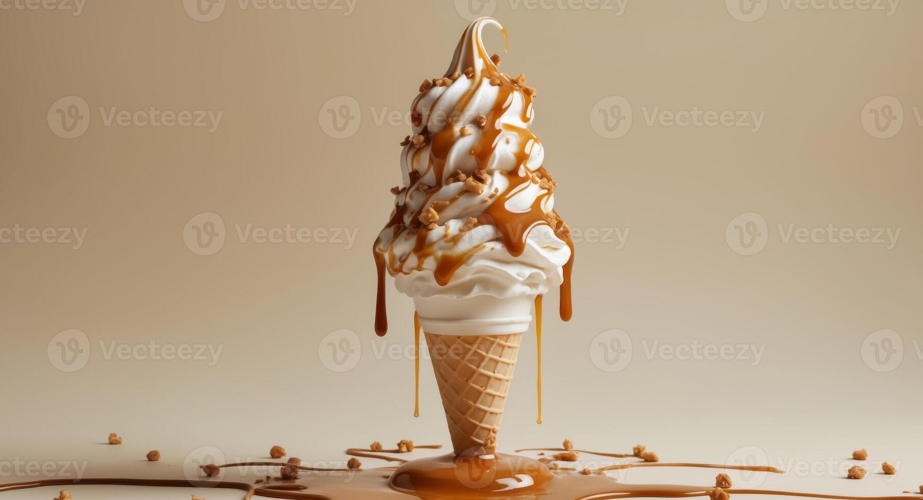 An ice cream cone with caramel drips on top photo