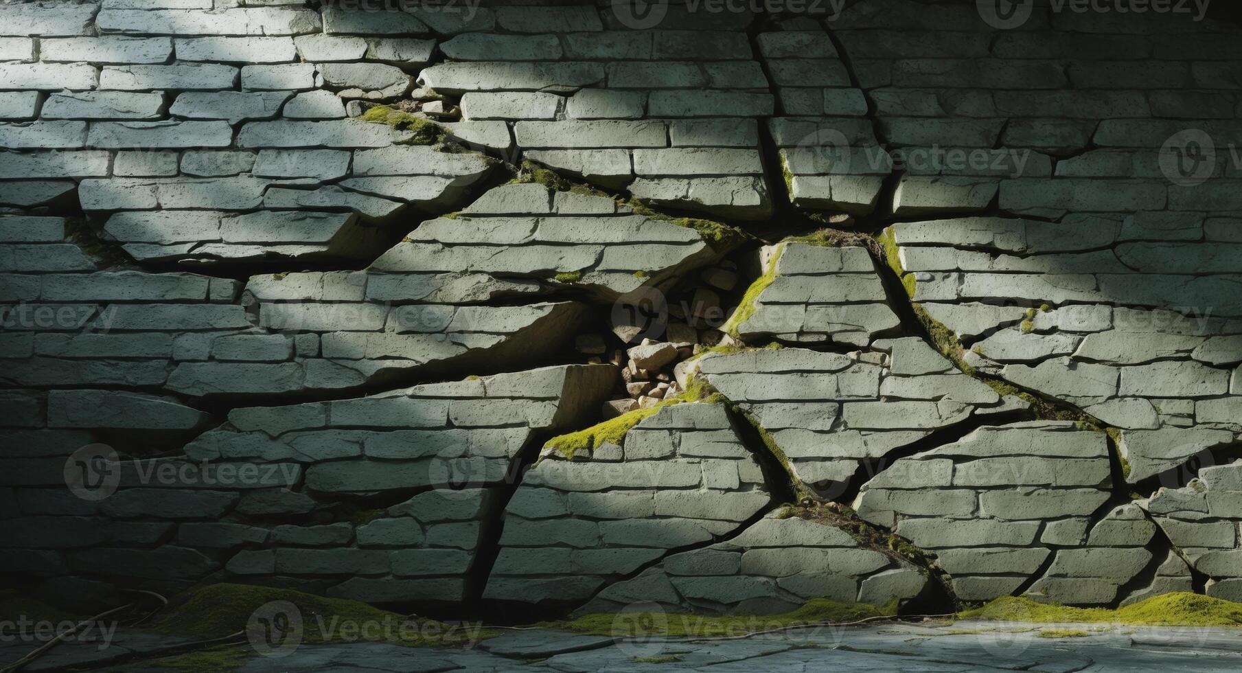 A broken brick wall with moss growing on it photo