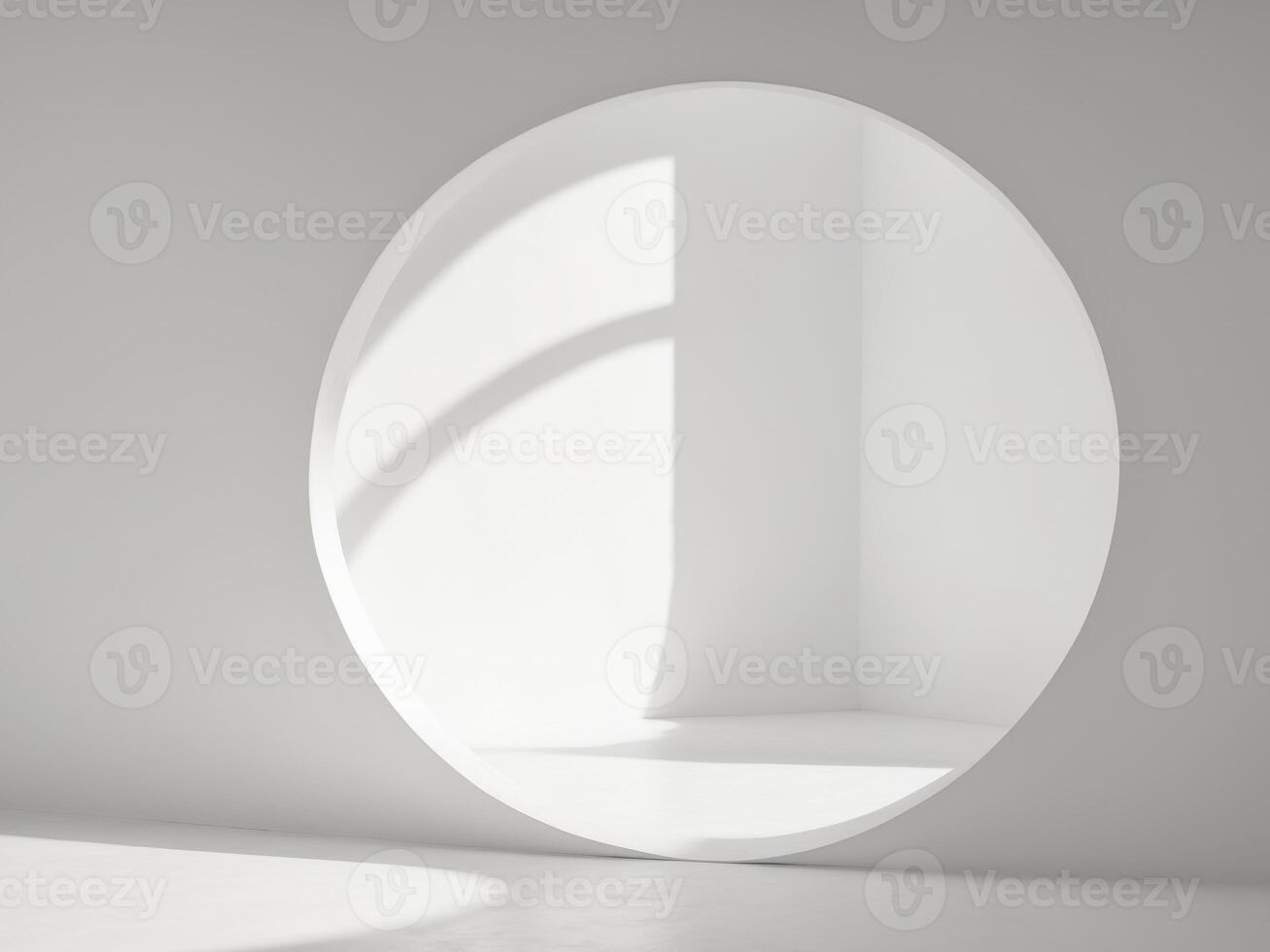 A white room with a circular mirror in the corner photo