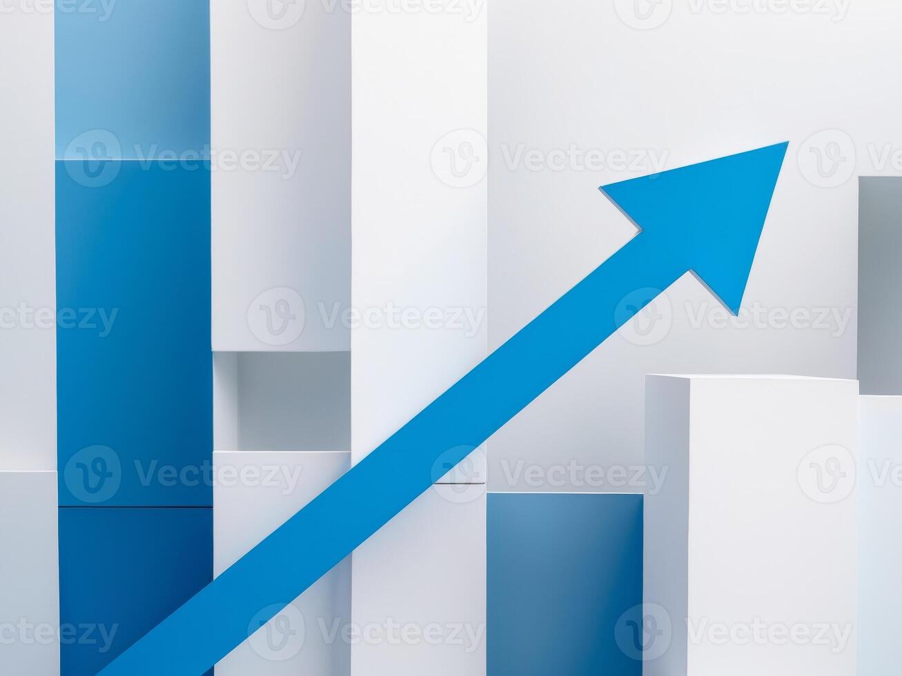 Blue Arrow Ascending Over White and Blue Blocks, Representing Growth and Success. photo
