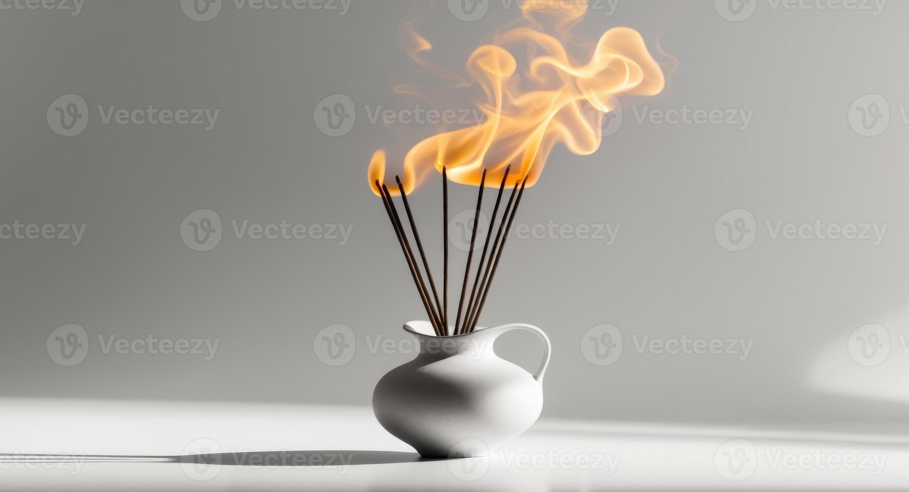 Burning Incense Sticks in a White Vase, Calming Aroma and Minimalist Setting. photo
