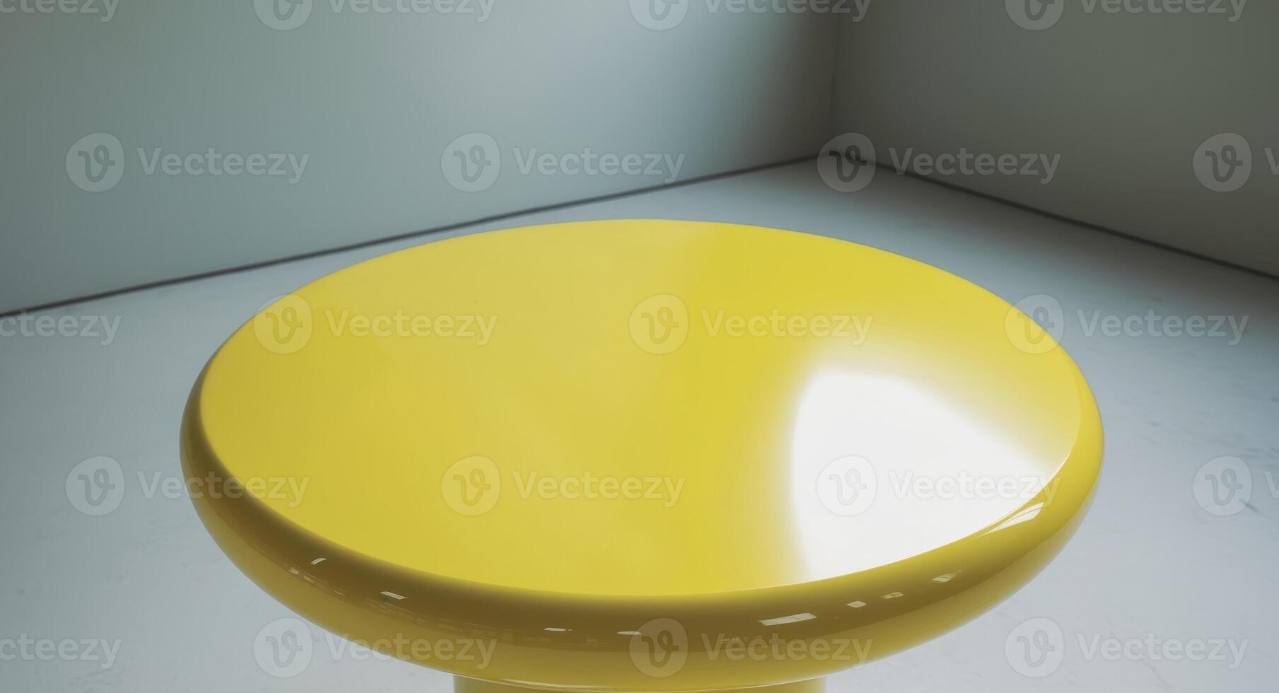 Contemporary Yellow Round Table or Stool with Glossy Finish in a Minimalist Setting. photo