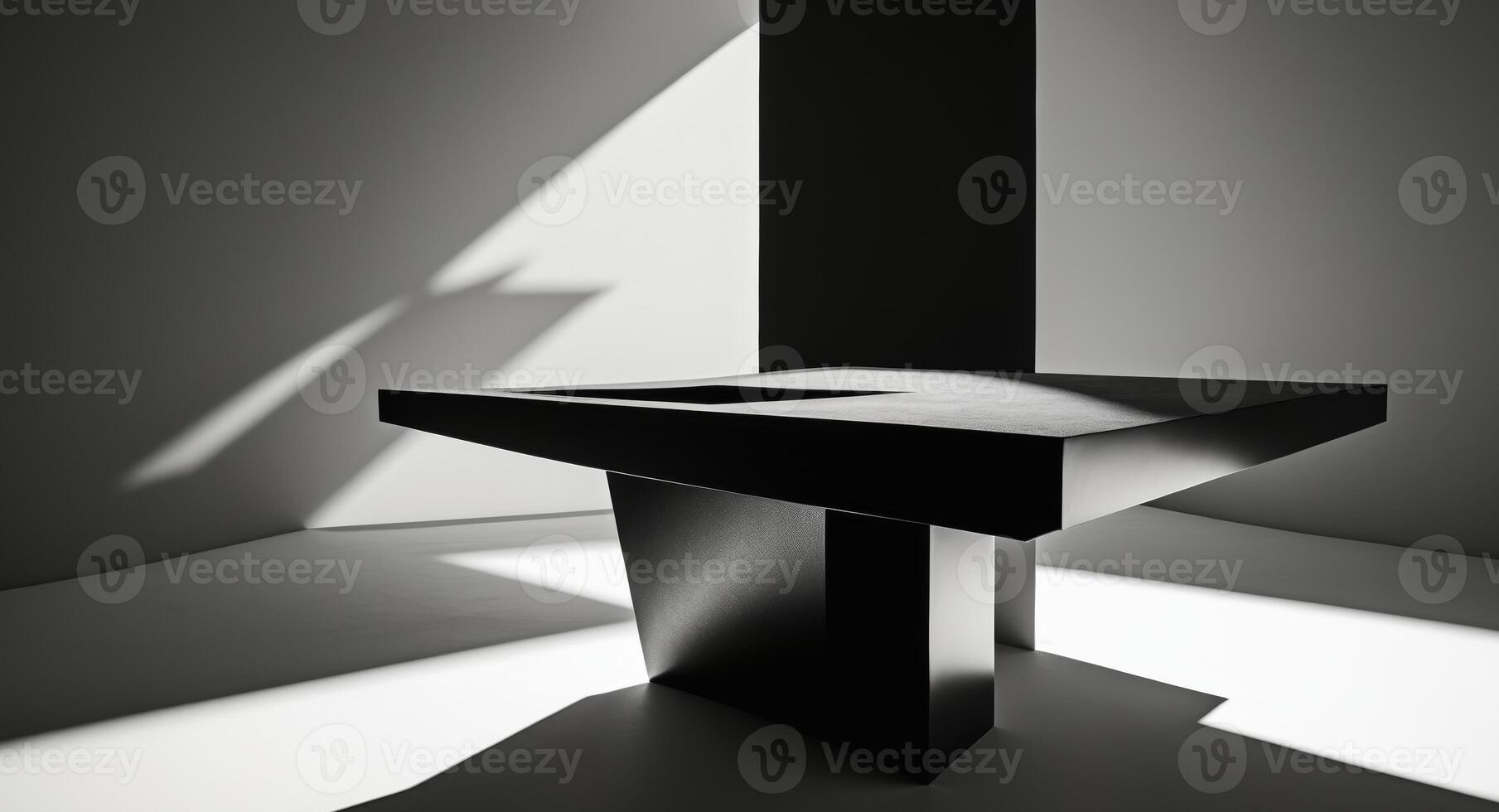 Minimalist Black Table in a White Room with Strong Light and Shadow Contrast, Abstract Design photo