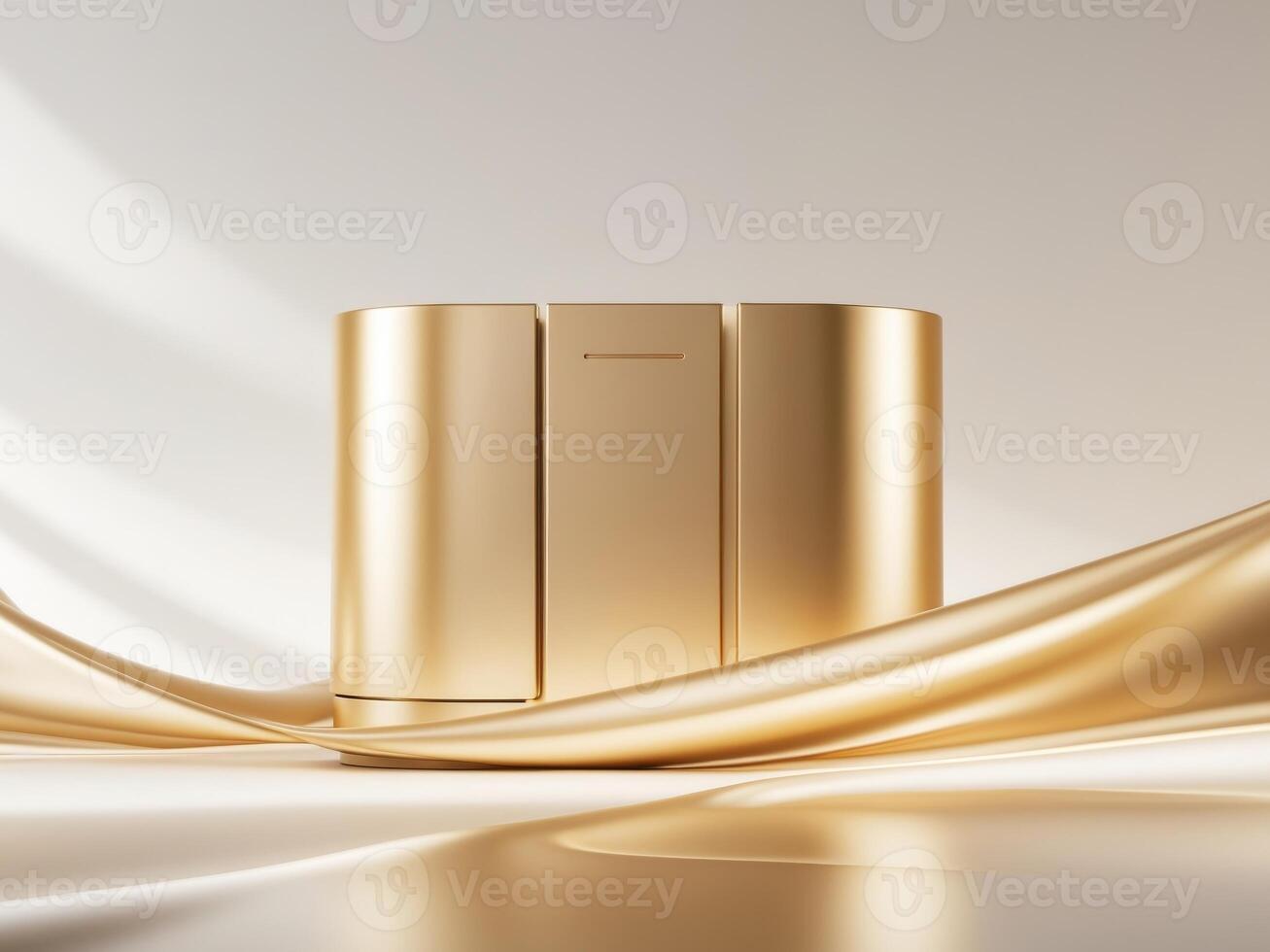 Luxurious Gold Product Showcase on Silk Fabric, Featuring Elegant Lighting and Design. photo