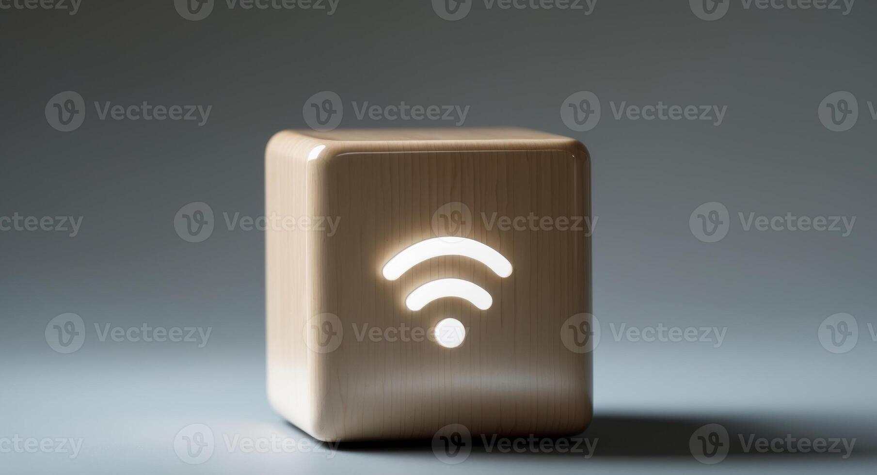 Wooden Cube with Glowing WiFi Symbol. Connection, Technology, and Wireless Concept. photo