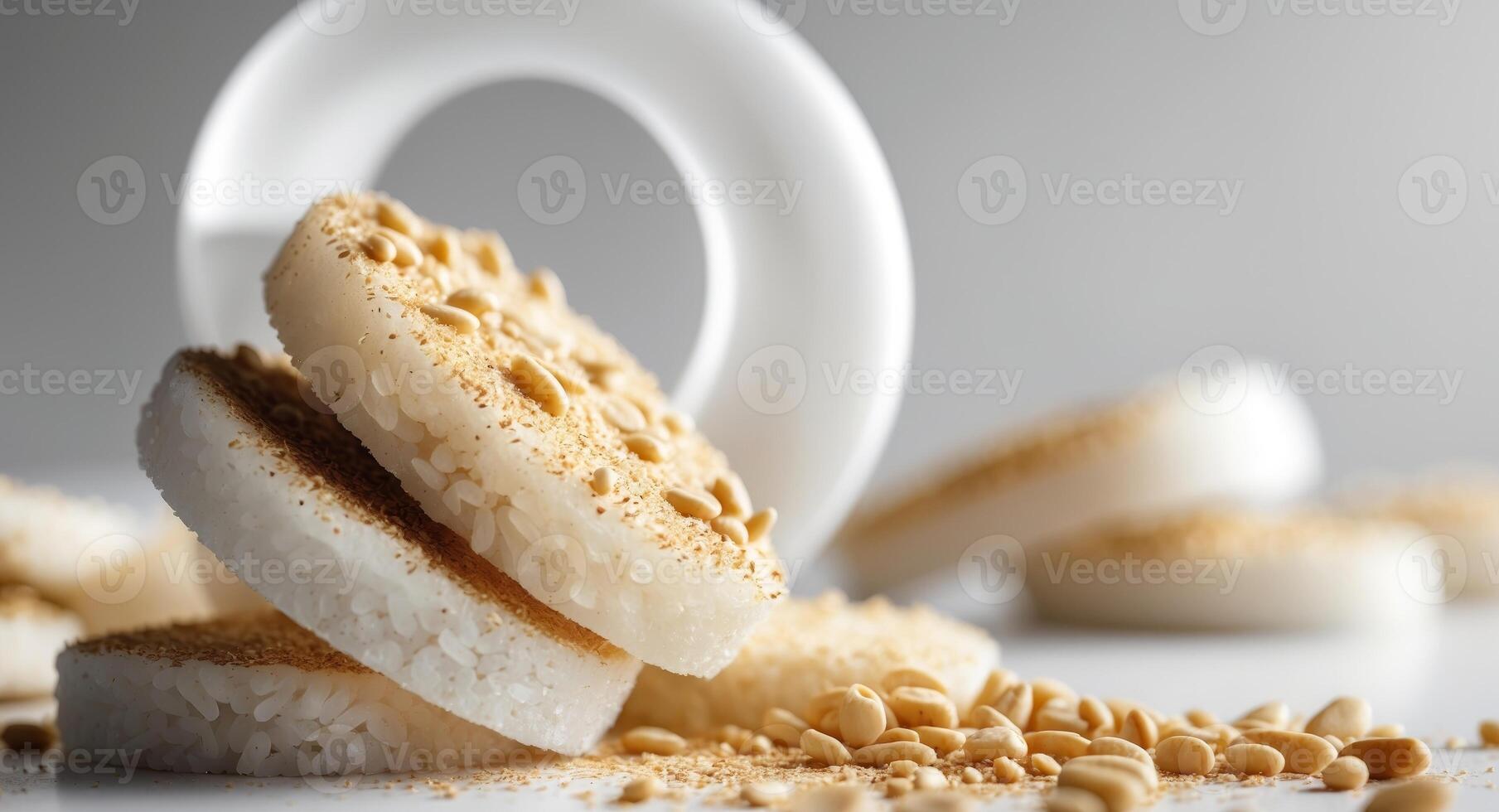 A pile of rice cakes with peanut butter on top photo
