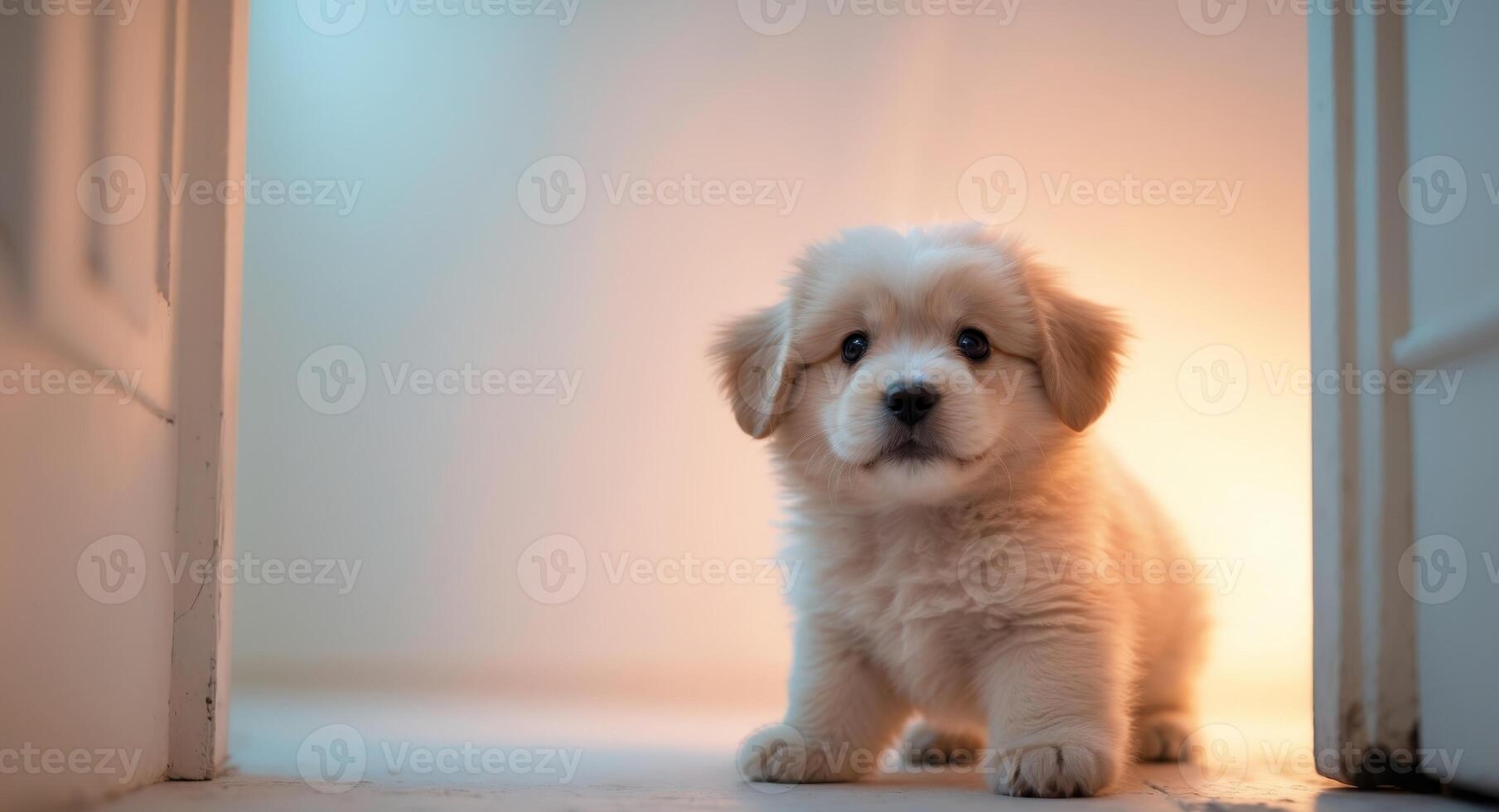 A puppy standing in front of a door photo