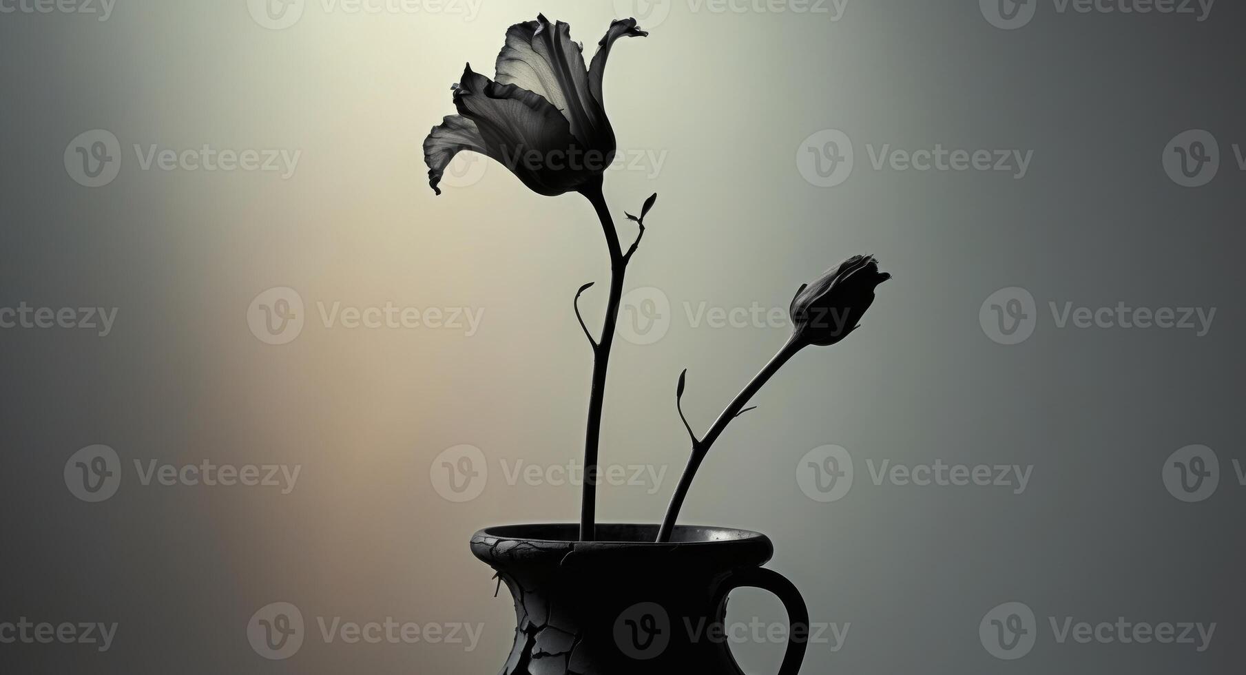 A black and white photo of a vase with two flowers