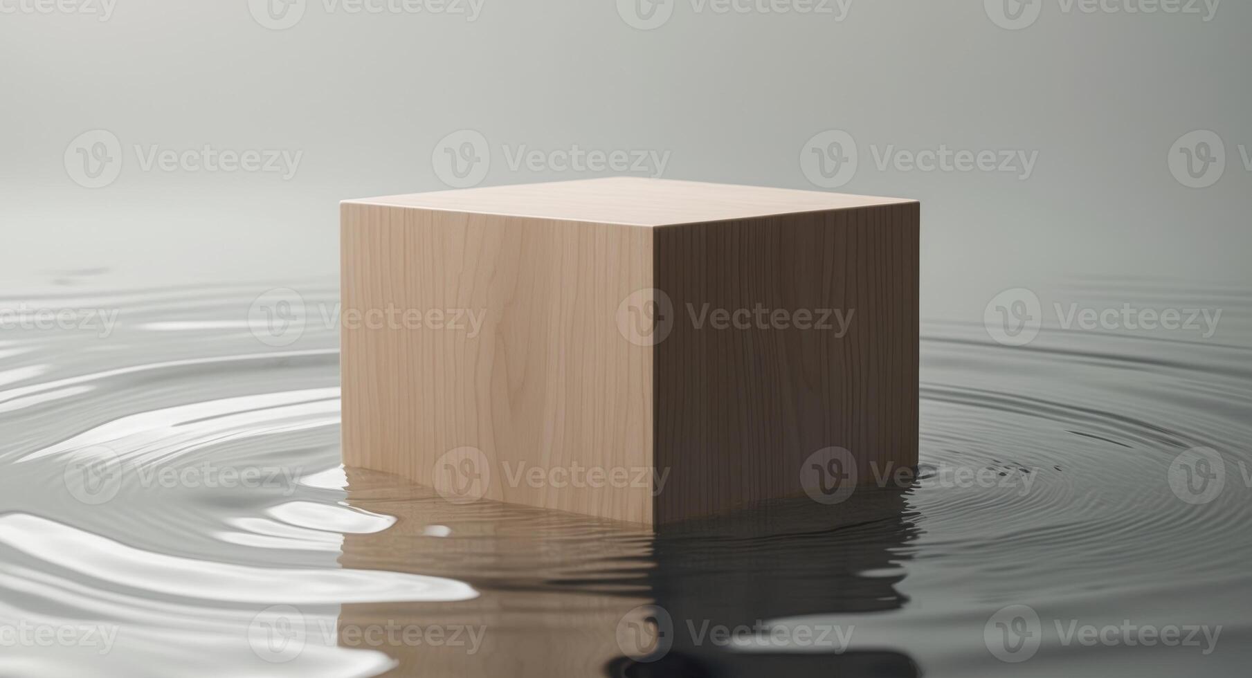 Wooden Cube in Water, Abstract Minimalism, Serene Waves, Subtle Light and Shadow Play. photo