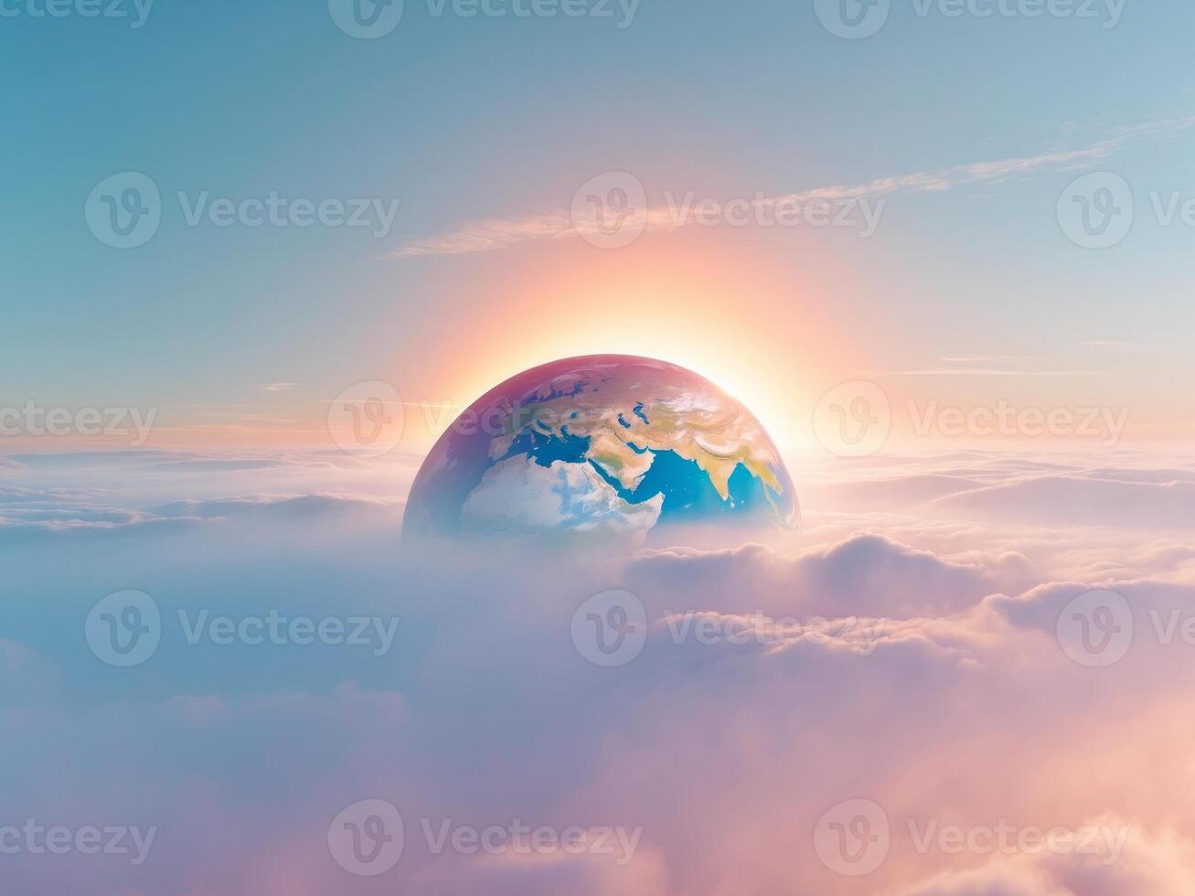 Earth Rising Above the Clouds. A Symbolic Representation of Hope and New Beginnings. photo