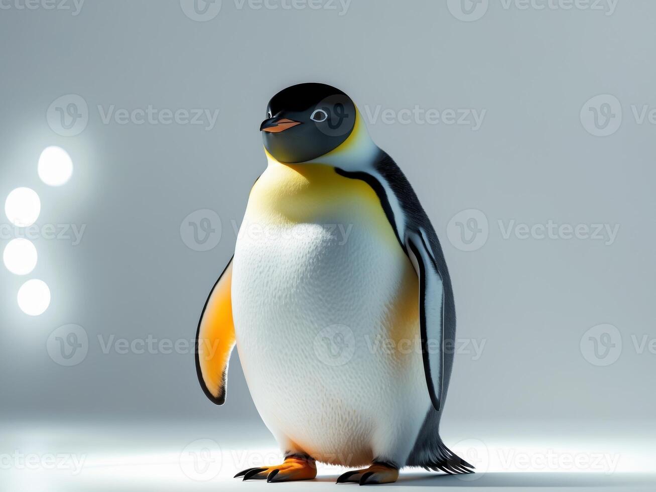 A penguin is standing in front of a light photo