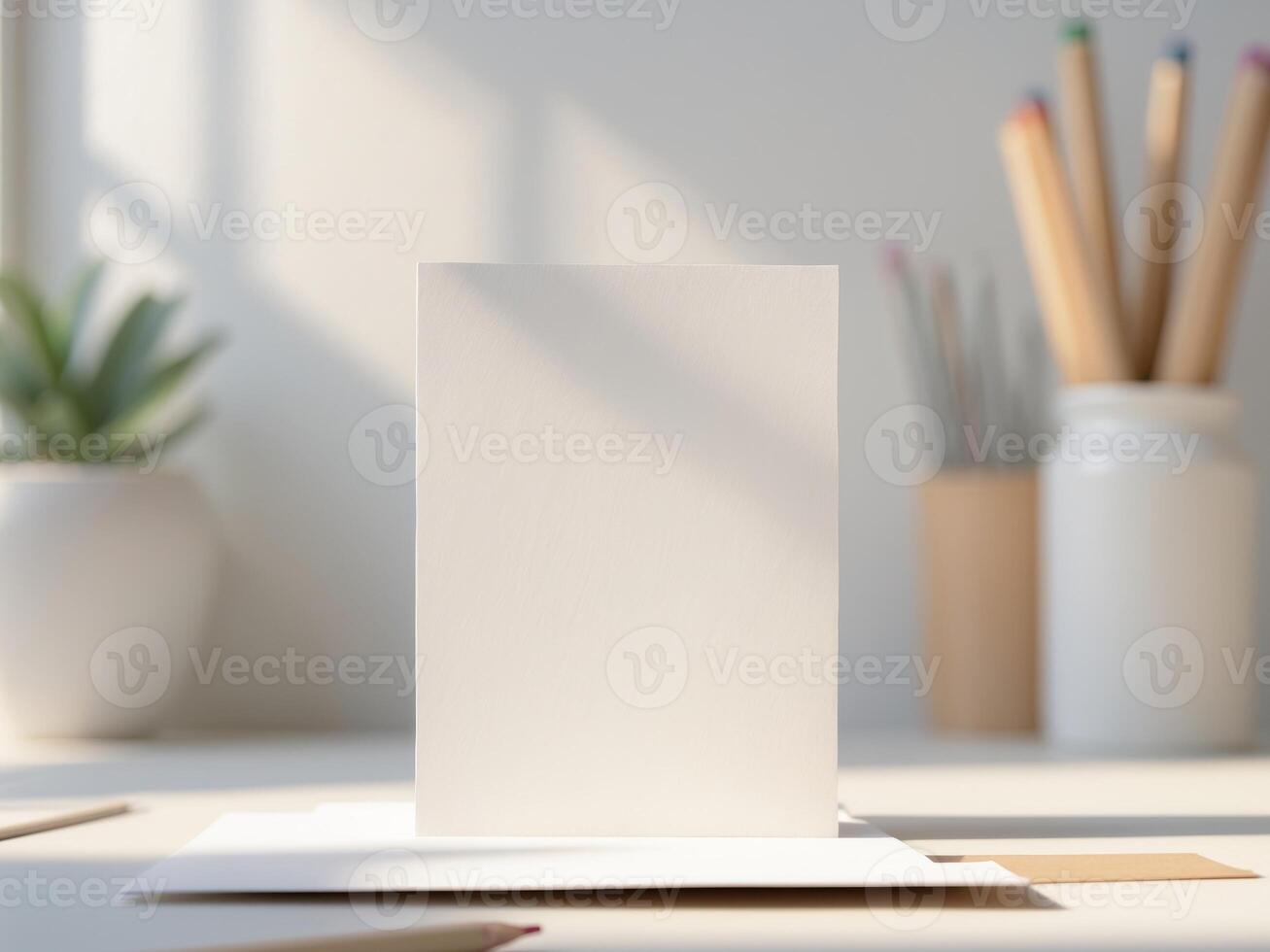 Blank Card Mockup on Desk with Potted Plant and Pencil, Light and Airy Stationery Scene photo