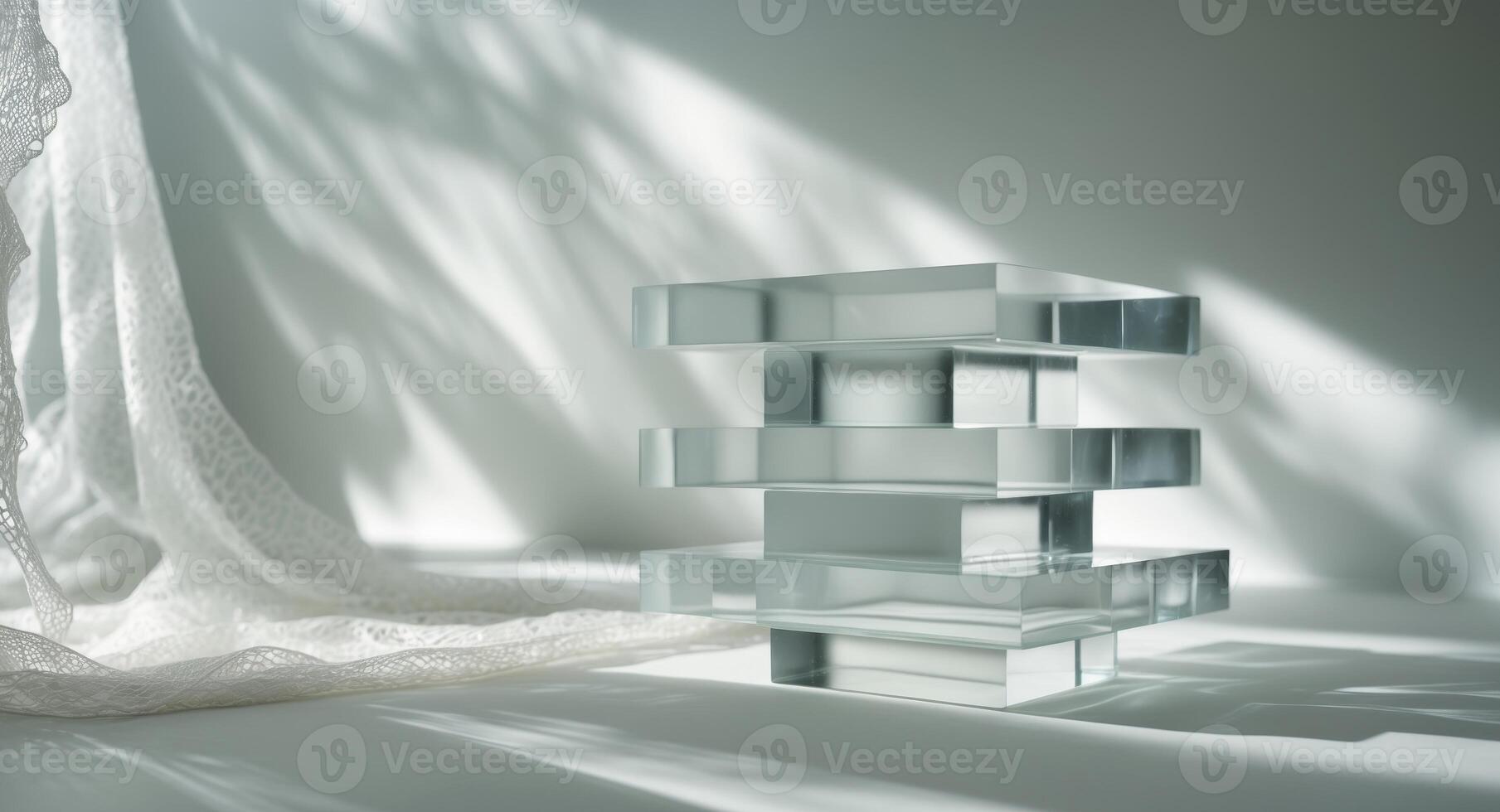 Minimalist Scene. Clear Acrylic Blocks, Soft Lace, and Gentle Sunlight, Neutral Tones. photo