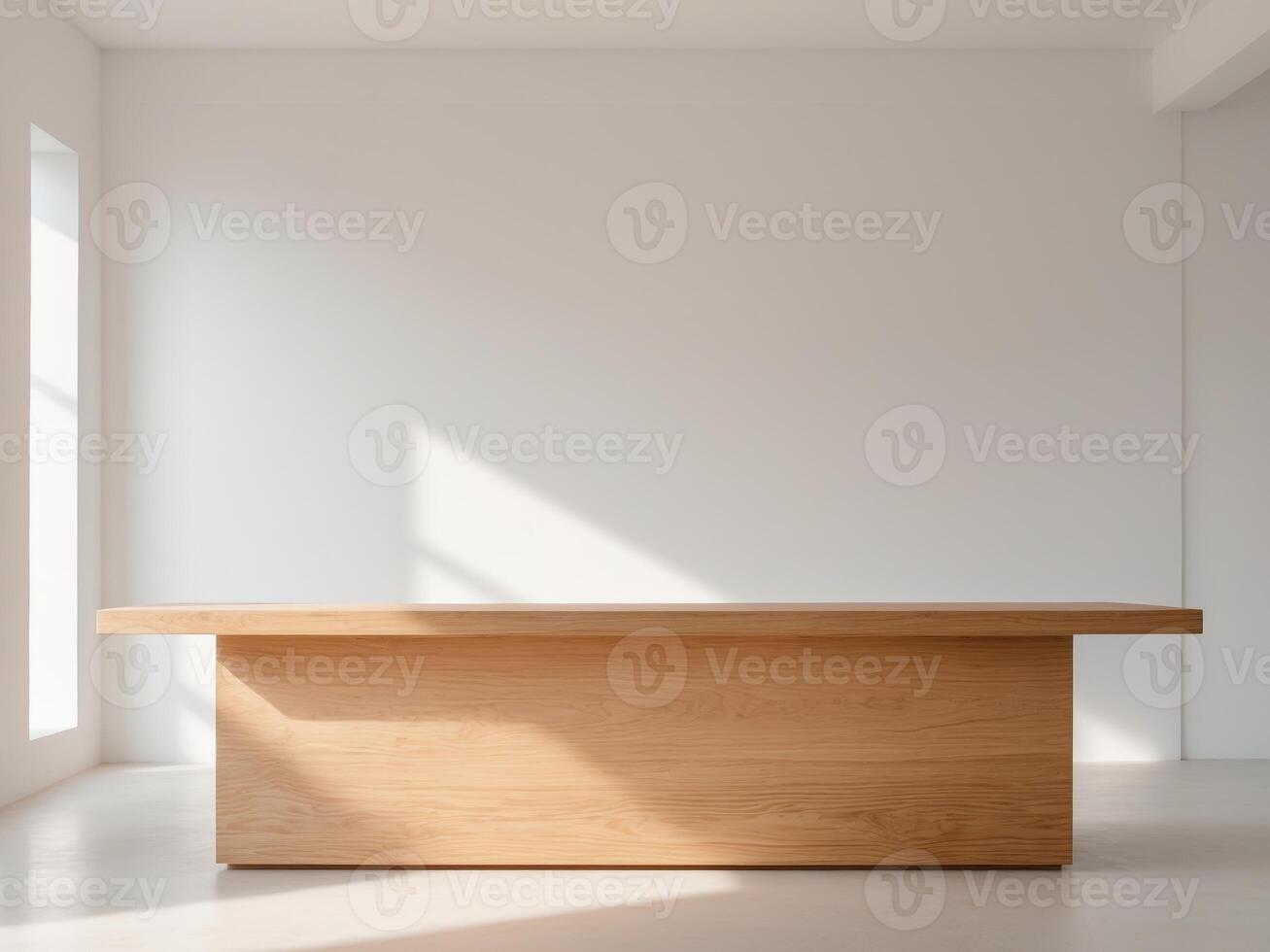 Minimalist Interior. Modern Wooden Countertop in a Bright White Room with Sunlight. photo